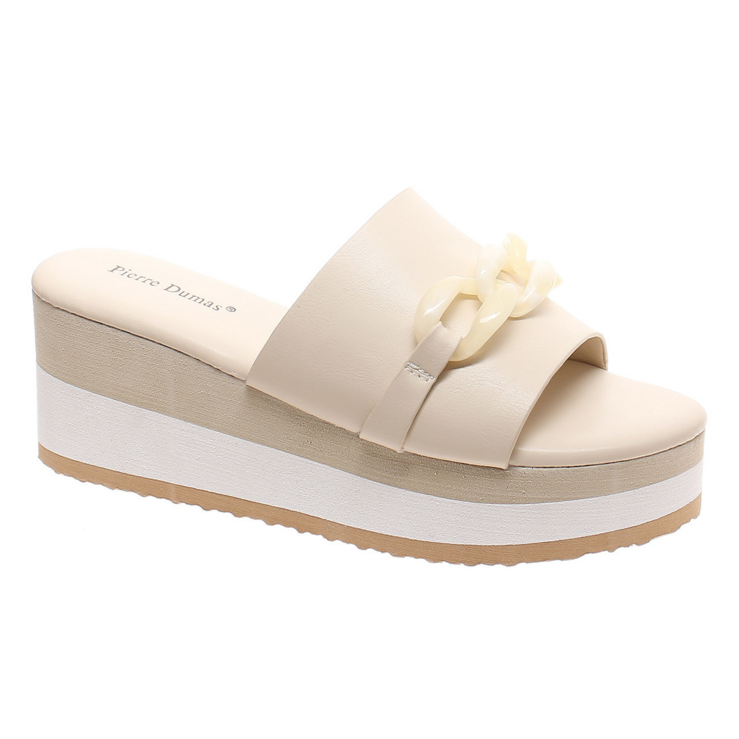 Introducing Saint, the perfect platform slide by Pierre Dumas that features a chic nude color and a trendy chain accent. Elevate any outfit with these stylish and comfortable slides. A must-have for any fashion-forward individual.