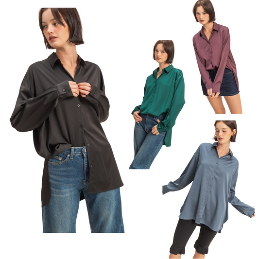 Elevate your wardrobe with the Oversized Satin Top from Double Zero. Featuring a sleek collared design and classic button-up front, this long-sleeve piece blends comfort with sophistication. Crafted from smooth satin, it offers a subtle sheen that enhances your look. Available in versatile shades—black, dark cherry, dark green, and dusty navy—this top adapts effortlessly to both professional and casual settings. Its relaxed fit provides ease of movement while maintaining a polished silhouette.