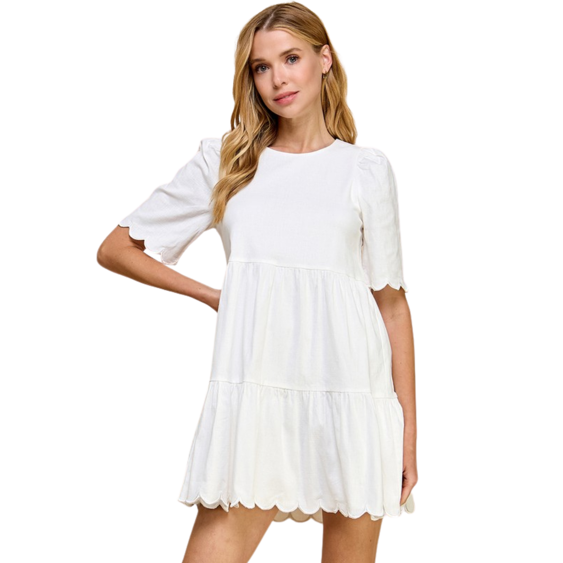 This Scalloped Detail Mini Dress by T.C.E.C. Brand is the perfect addition to your wardrobe. With a round neckline and short sleeves, this tiered dress also features a scalloped hem and sleeve detail. The concealed back zipper adds a touch of sophistication. Elevate your style with this chic and elegant dress.