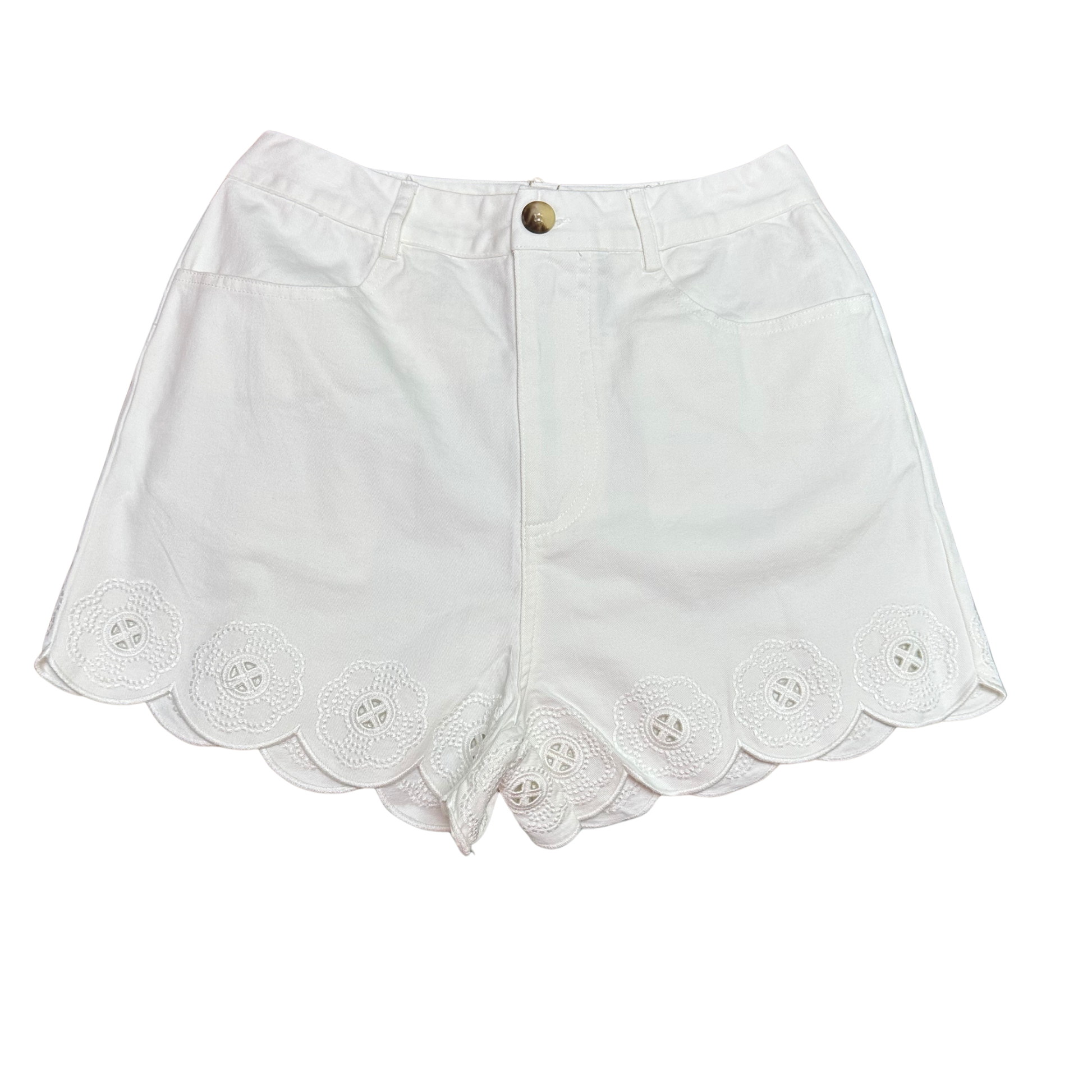 Elevate your warm-weather wardrobe with these charming Scallop Hem Shorts by Entro. Crafted from lightweight woven fabric, they feature a distinctive scalloped hem with delicate eyelet embroidery trim that adds feminine detail. The off-white color offers versatile styling options for any season. Designed for comfort and functionality, these shorts include a button and zip-fly closure, side pockets for everyday essentials, and back welt pockets. 
