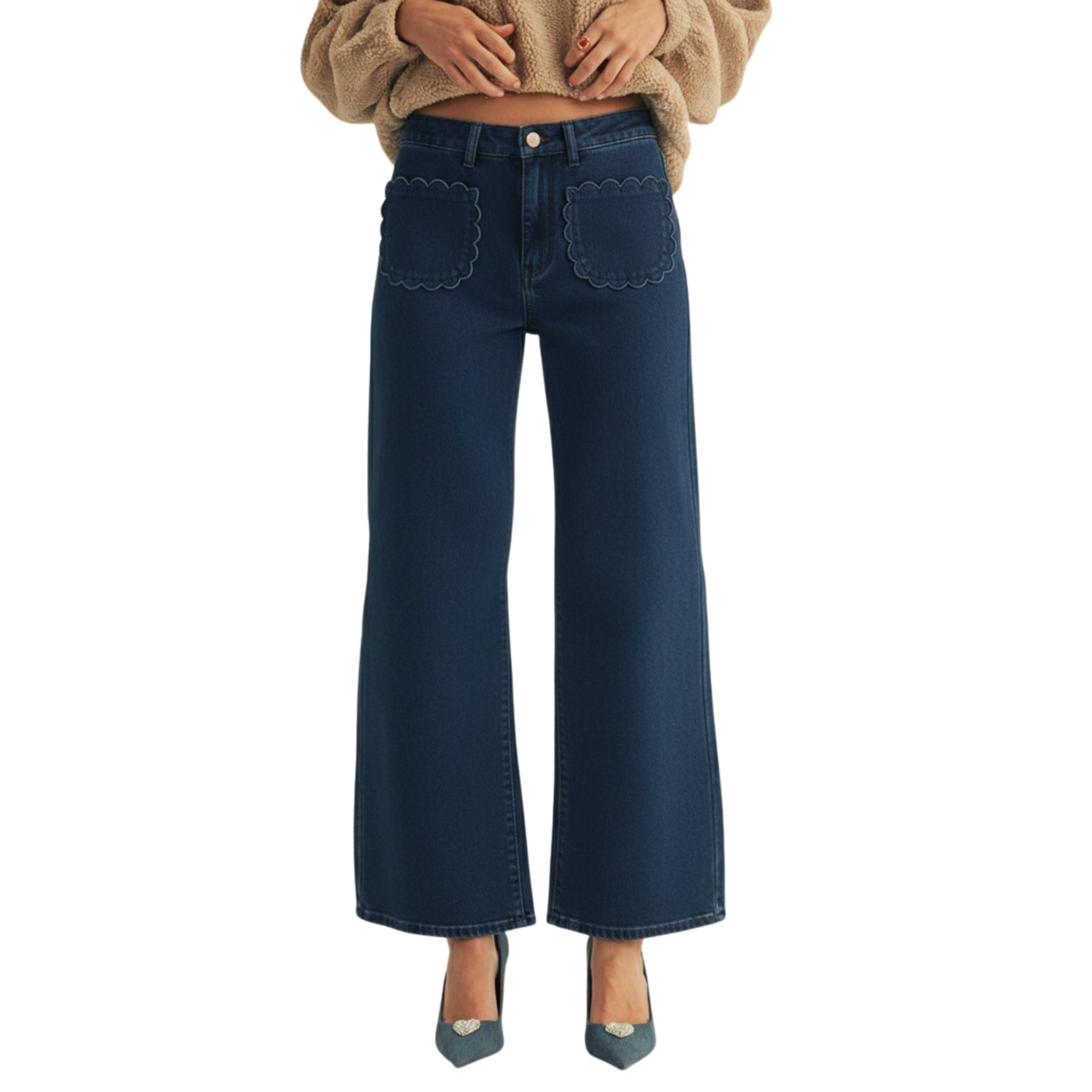 Elevate your everyday style with these Mid Rise Wide Leg Pants from LovLov. Crafted in a rich deep navy, these trousers feature a flattering mid-rise fit and flowing wide leg silhouette. Functional scalloped pockets add a charming detail, while the stretchy fabric ensures all-day comfort and ease of movement. Perfect for creating effortless, polished looks.