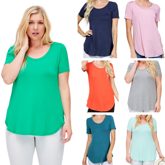 This Scoop Neck Top is a summer essential, crafted with butter soft lightweight fabric for breathable comfort. It comes in a variety of beautiful colors, with short sleeves for an airy feel. This top is sure to become a staple in your wardrobe.