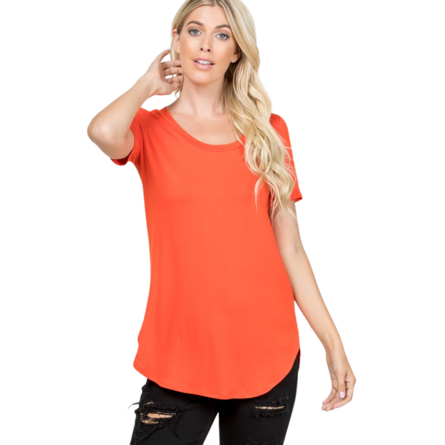 This Scoop Neck Top is a summer essential, crafted with butter soft lightweight fabric for breathable comfort. It comes in a variety of beautiful colors, with short sleeves for an airy feel. This top is sure to become a staple in your wardrobe.