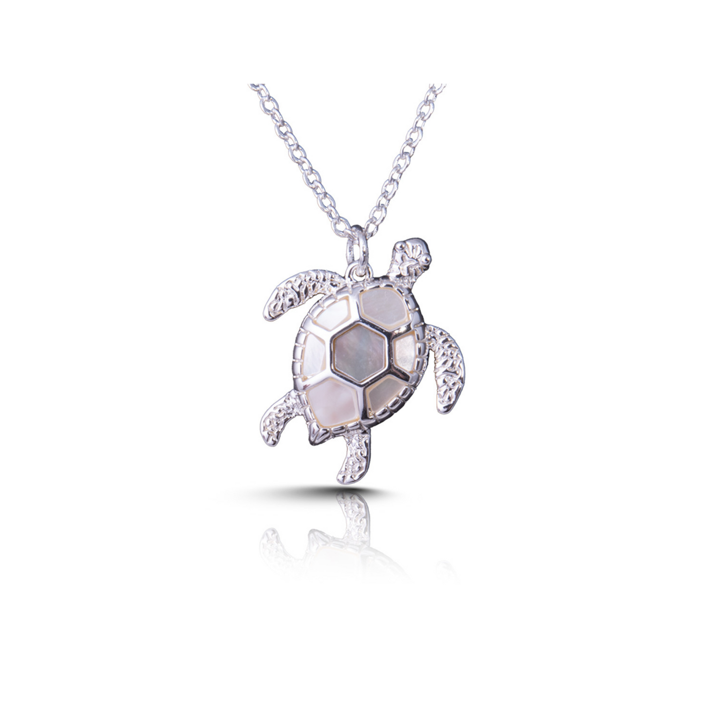 Expertly crafted with a stunning silver pendant, this Sea Turtle Necklace is the perfect accessory for any ocean lover. Adorned with a mesmerizing mother of pearl accent, it adds a touch of elegance to any outfit. Spread awareness and support for these majestic creatures with this unique and beautiful necklace.