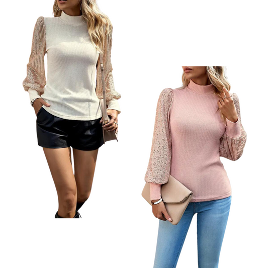 This Ribbed Knit Sequin Sleeve Top is perfect for making a sophisticated statement. Its tight ribbed knit ensures a snug fit while the shining sequin sleeves add a touch of sparkle and glamour. Available in pink and beige, this top is perfect for any special occasion.