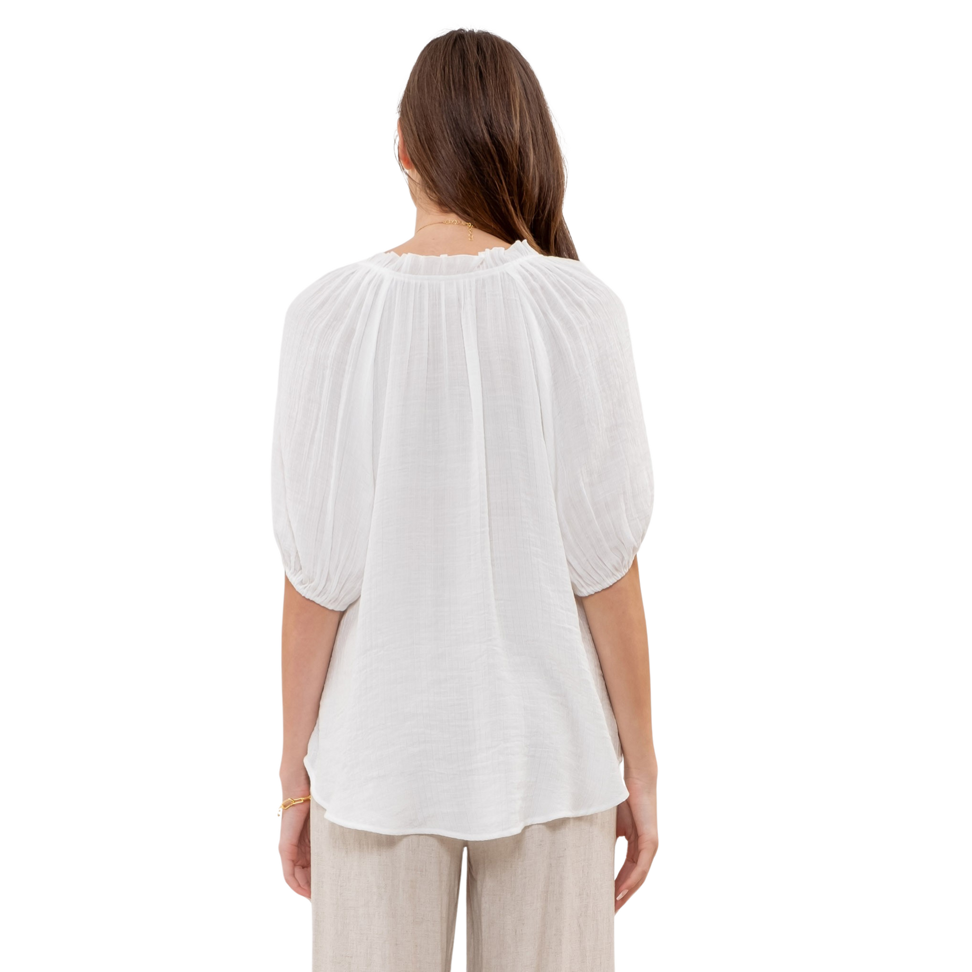 "This V-neck top features a lightweight and comfortable design, perfect for all-day wear. The flattering v-neck style is accentuated by a ruffled collar, giving this top a touch of elegance. Available in classic white, this top is a versatile addition to any wardrobe."