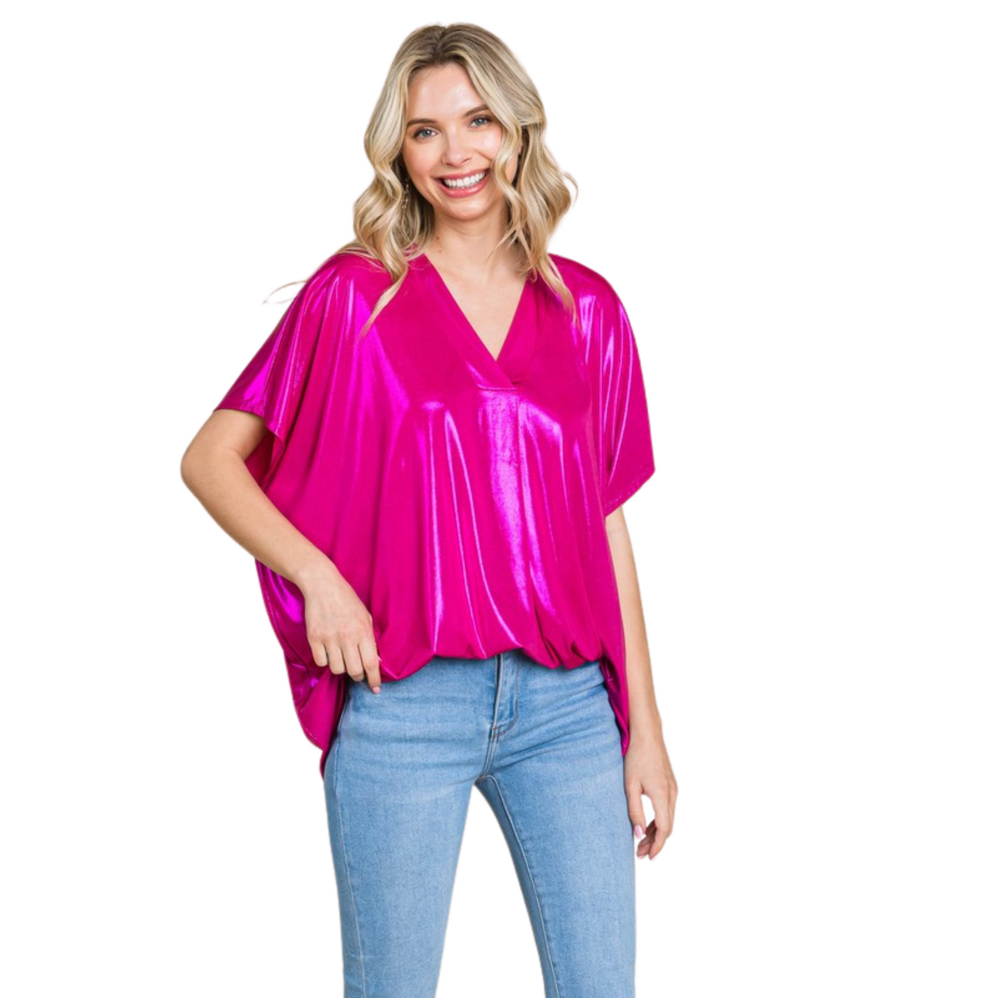 <p>Add effortless glamour to any look with our Shiny Solid V-Neck Boxy Top. Available in both fuchsia and violet, this lightweight and flowy design features a v-neck neckline and short sleeves for an effortlessly stylish finish. The shimmery fabric is perfect for day or night.</p> <p>&nbsp;</p>