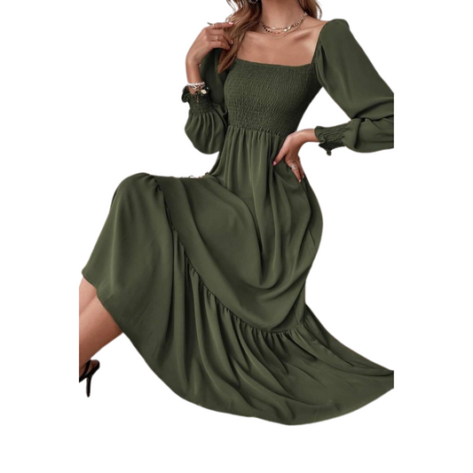 This Shirred Hem Dress is the perfect addition to your wardrobe. Its army green color is perfect for any season, while its maxi length and smocked bodice provide an elegant and comfortable fit. Enjoy the perfect combination of comfortable style and fashion.