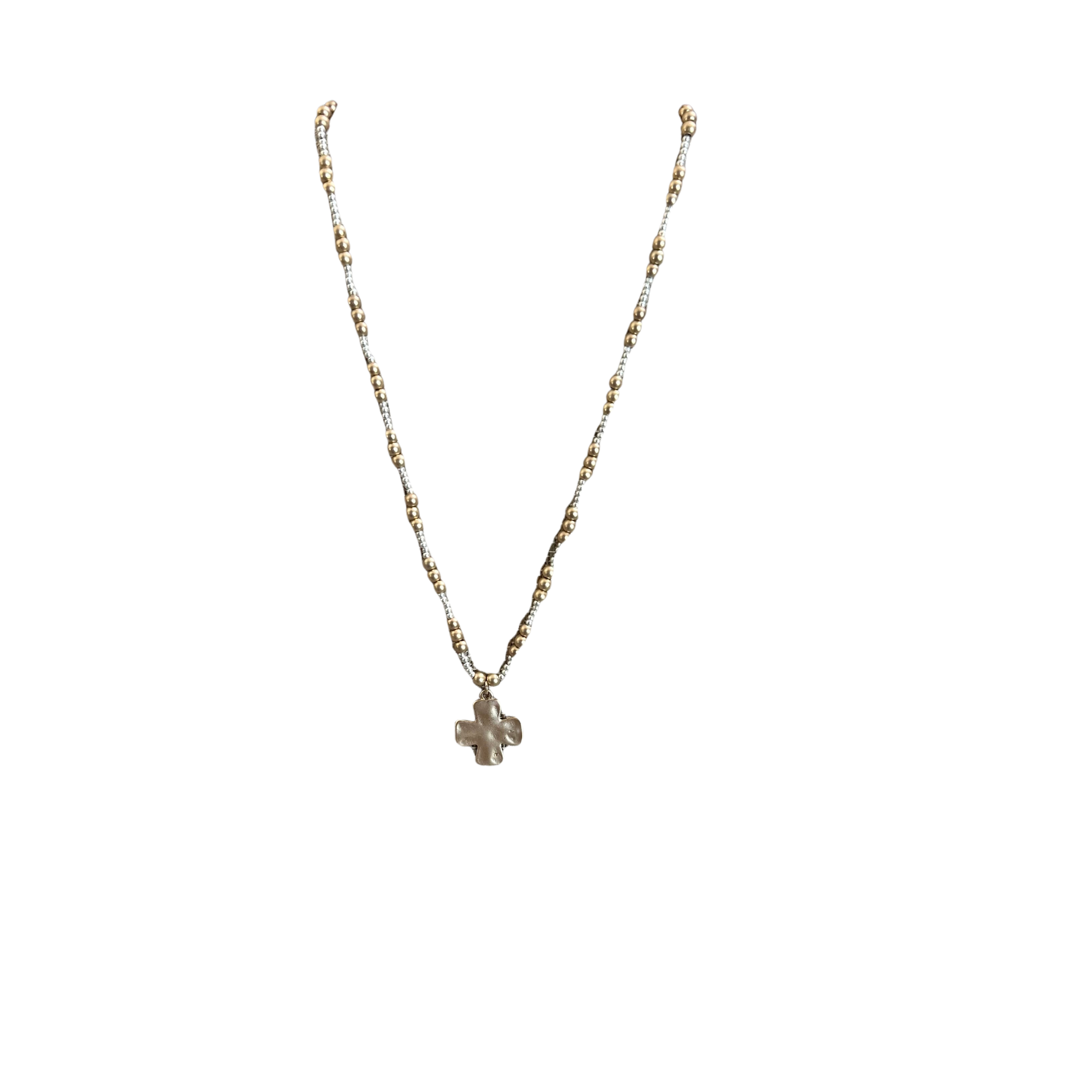 Elegant short necklace featuring lustrous gold beads accented with gleaming silver details and a striking cross pendant. Perfect for layering or wearing solo, this piece from Perdido Gems combines timeless spiritual symbolism with contemporary style. The carefully balanced design sits gracefully at a shorter length, making it versatile for any occasion. A meaningful accessory that adds sophistication to your everyday look.