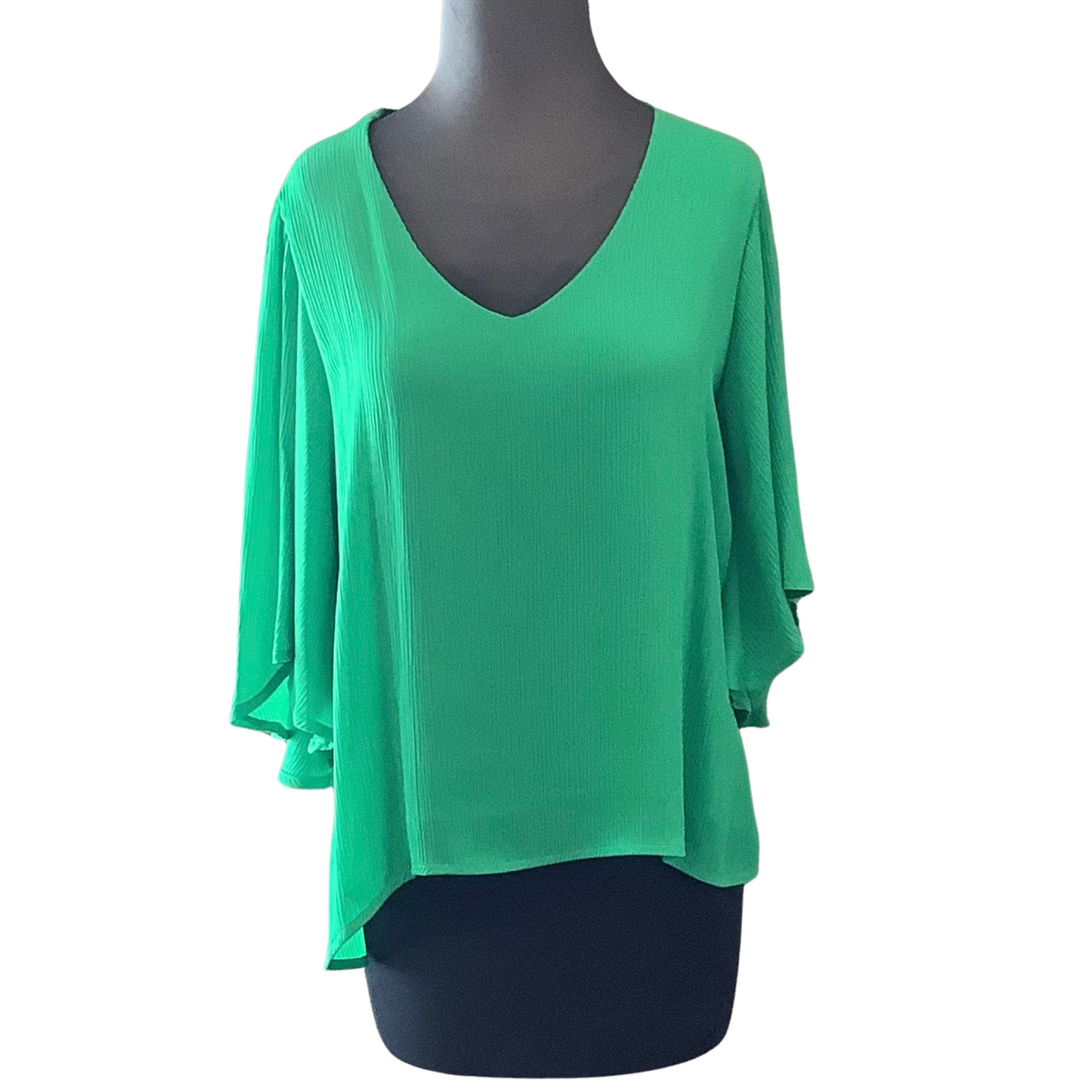 This short sleeve flowy top is perfect for summer days. Crafted from lightweight fabric, it features beautiful, draped sleeves in a vibrant green color. Its airy design ensures breathability and comfort. Perfect for warm weather.