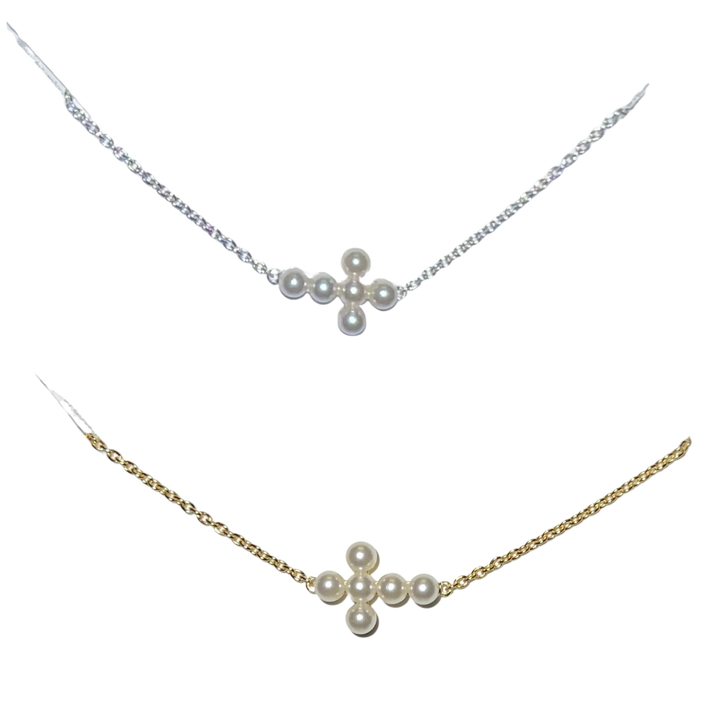 This Pearl Sideways Cross Necklace is the perfect accessory. Showcasing a delicate gold chain with fresh water pearls, this necklace is sure to make a statement. Enjoy the look and feel of the pearls and be sure to stand out in any crowd.