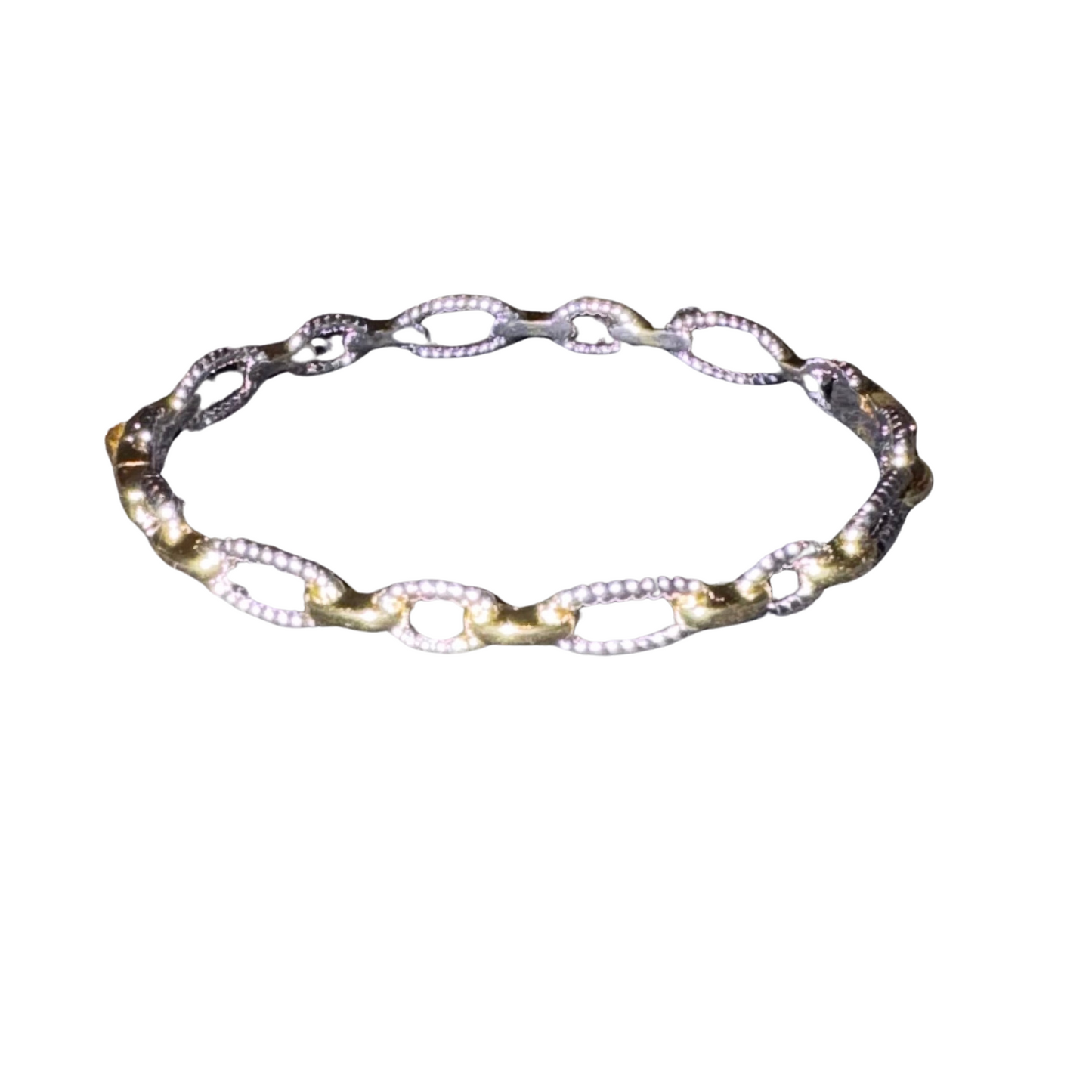 Expertly crafted with a mix of silver and gold, this cuff bangle bracelet provides a versatile and elegant accessory to any outfit. The unique cuff closure ensures a secure fit while the bangle design adds a sophisticated touch. Perfect for adding a touch of refinement to any look.