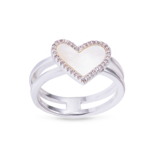 This Double Band Heart Ring is the perfect addition to any jewelry collection. Made of silver, it features a beautiful heart design with a mother of pearl accent. Available in sizes 7, 8, and 9, this ring is versatile and stylish. Add a touch of elegance to your outfit with this stunning piece.