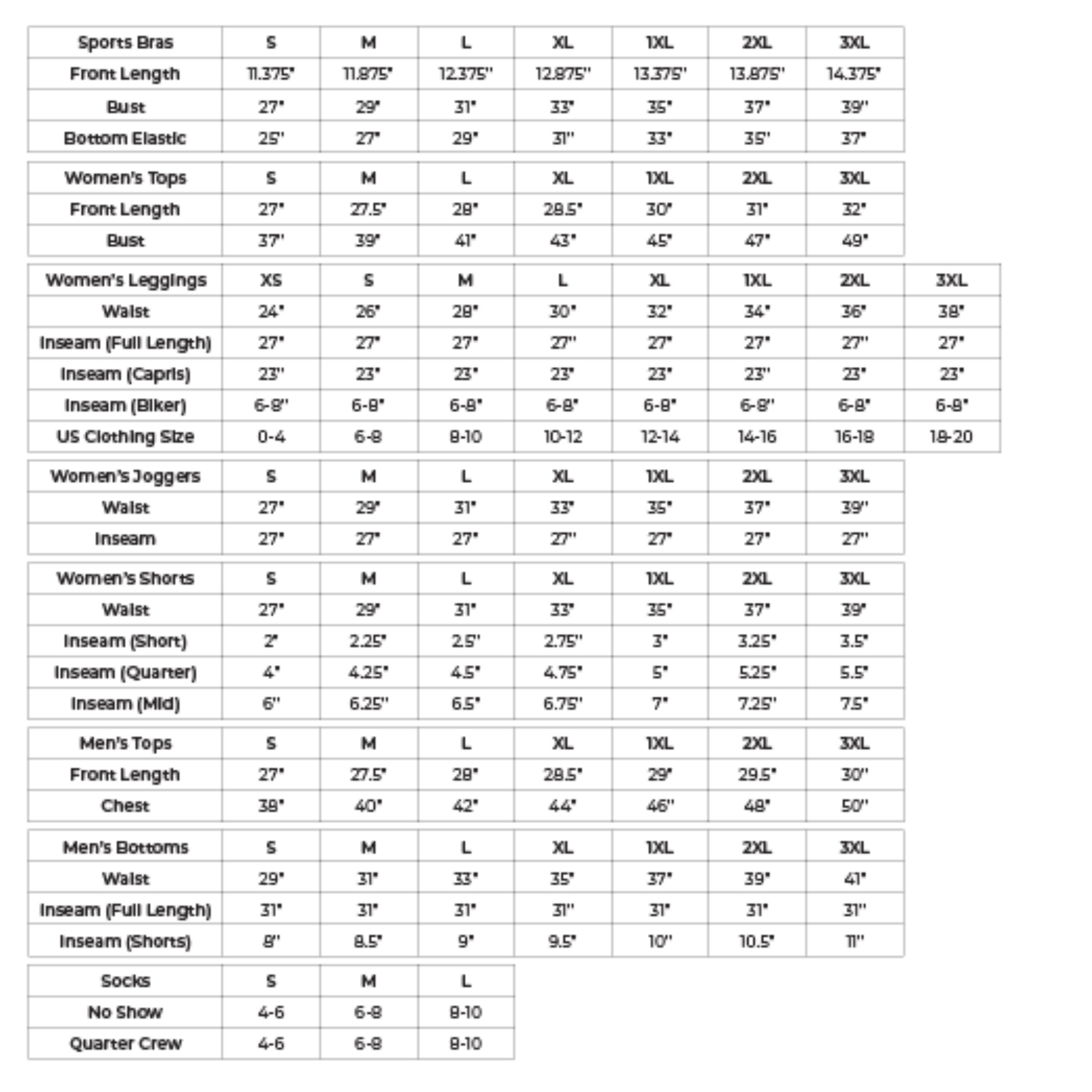 Mono B Size Chart