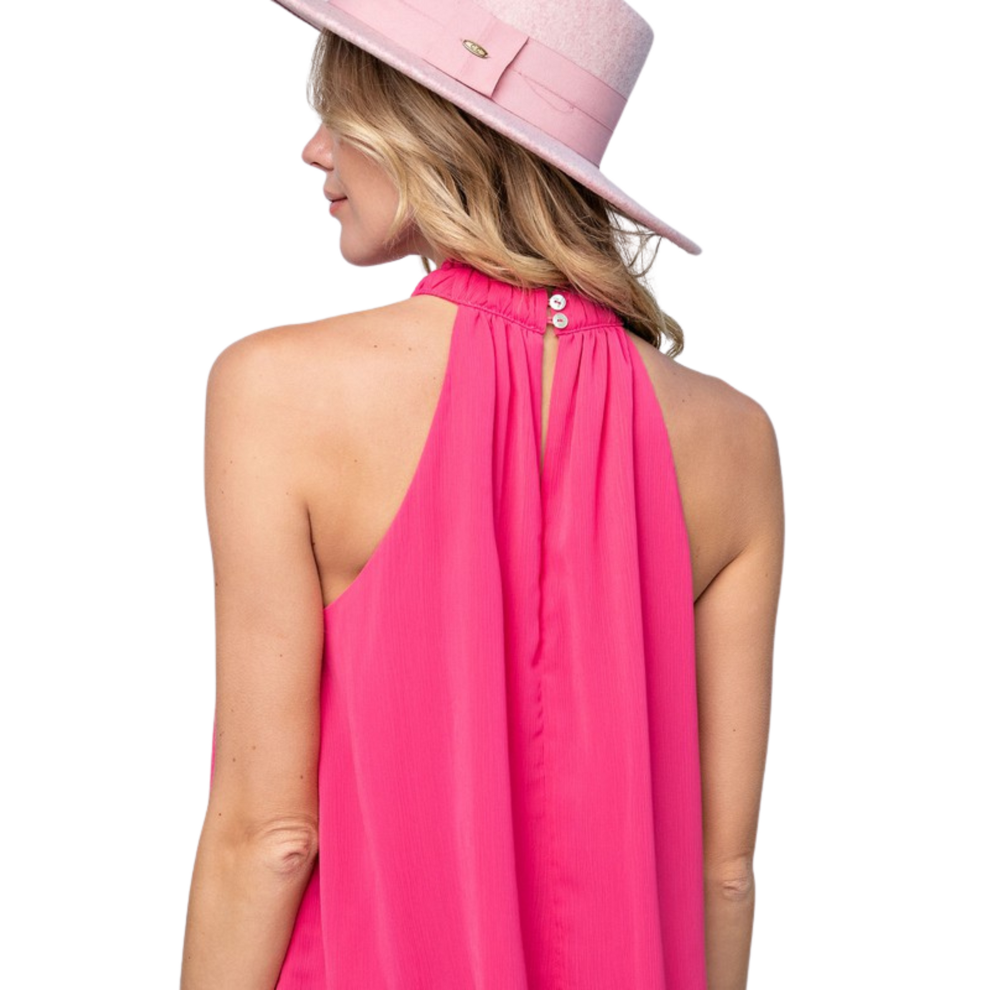This sleeveless Yoryu chiffon top by will add an instant pop of color to any outfit. Available in a stunning hot pink hue, this top features a high neckline and lightweight fabric, perfect for all-day comfort and style.
