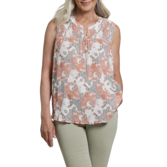 This stylish Sleeveless Smocked Top is made from a lightweight, sheer fabric that gives it a sophisticated look and feel. The top features a charming mix of grey, orange, and white colors in a smocked design and is highly breathable to ensure maximum comfort.