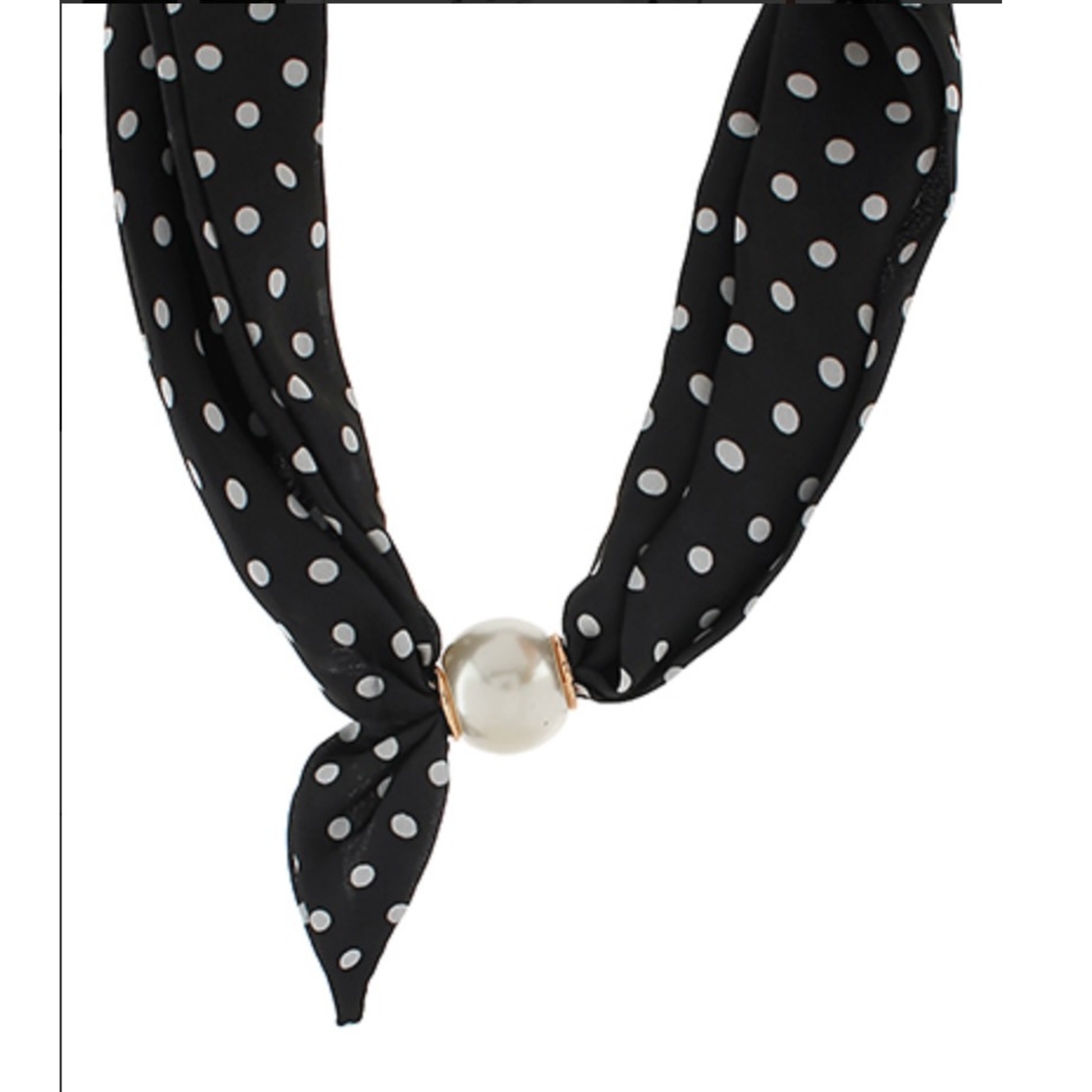 Scarf Necklace with Pearl Accent in small black polka dot