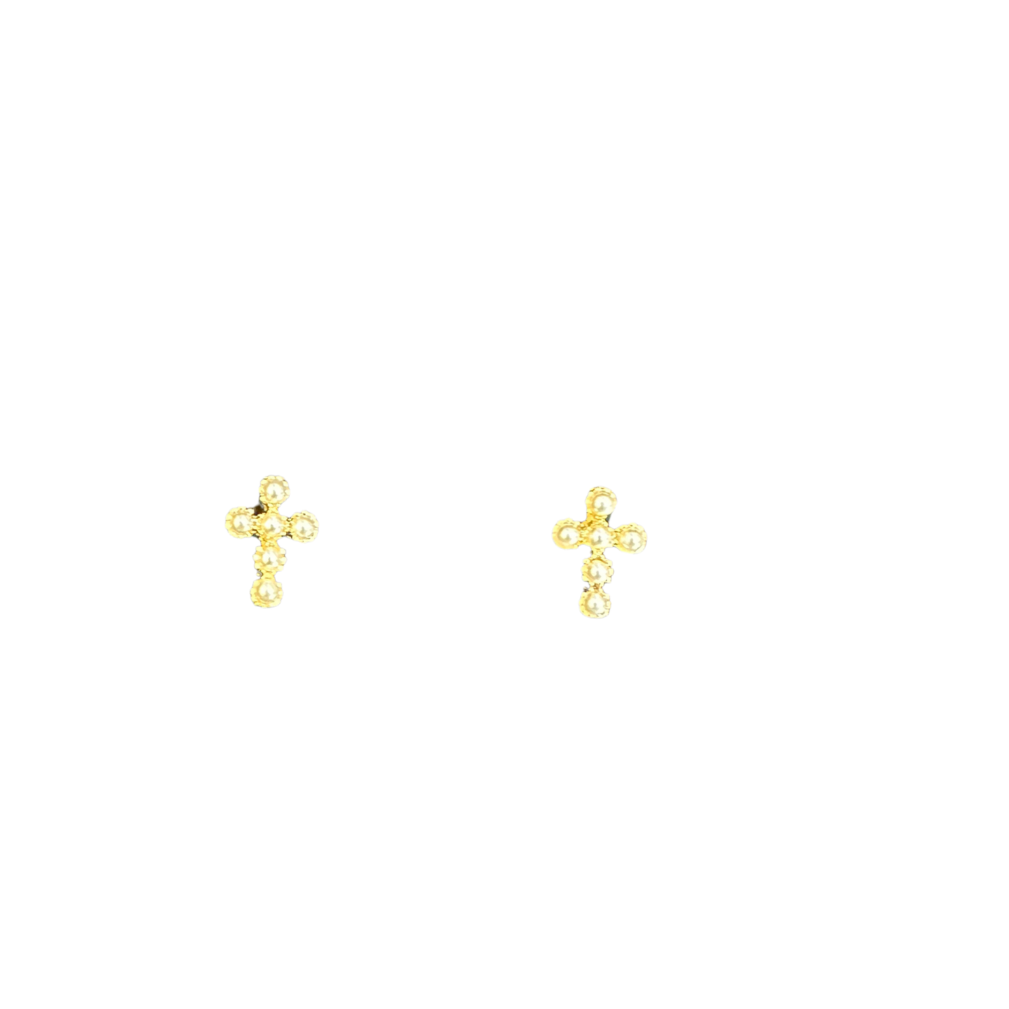 Elegant small cross studs featuring lustrous pearl accents and warm gold finish. Crafted by Perdido Gems, these delicate earrings combine timeless religious symbolism with refined sophistication. Perfect for everyday wear or special occasions, they add a subtle touch of grace to any look. Secure post backs ensure comfortable, all-day wearability.