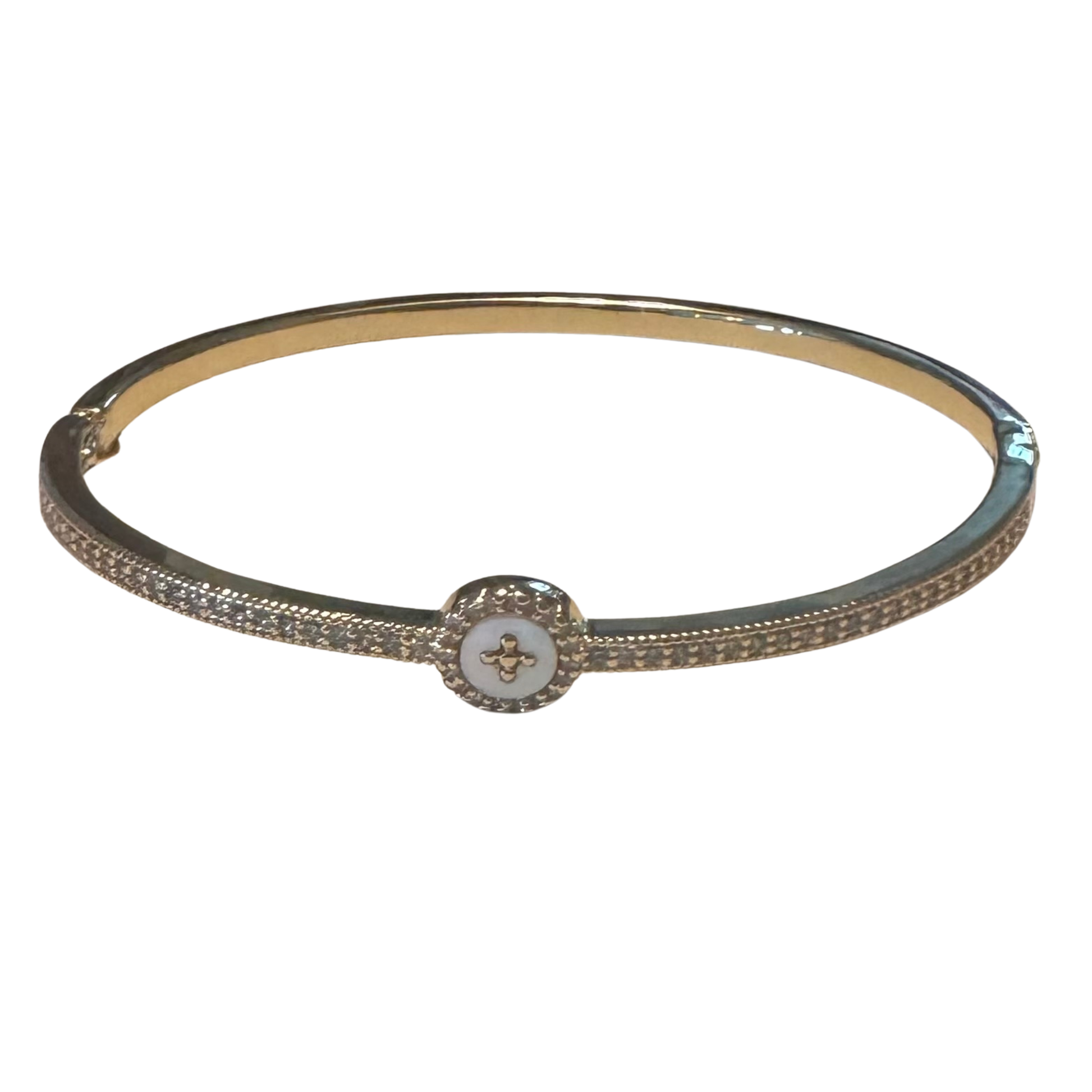This Perdido Gems bangle bracelet showcases sophisticated gold construction adorned with sparkling rhinestone accents that capture and reflect light with precision. Designed for the discerning wearer, the bangle style offers both security and comfort for extended wear. The carefully positioned rhinestones create a refined aesthetic that complements both everyday and special occasion styling. A timeless investment piece that demonstrates superior craftsmanship and attention to detail.