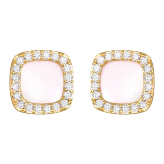 Amanda Blu's CZ and Mother of Pearl Small Studs feature sparkling gold accents and intricate CZ detailing to add a touch of elegance to any outfit. The squares of mother of pearl add a unique and sophisticated twist to these classic stud earrings. A must-have for any fashion-forward individual.