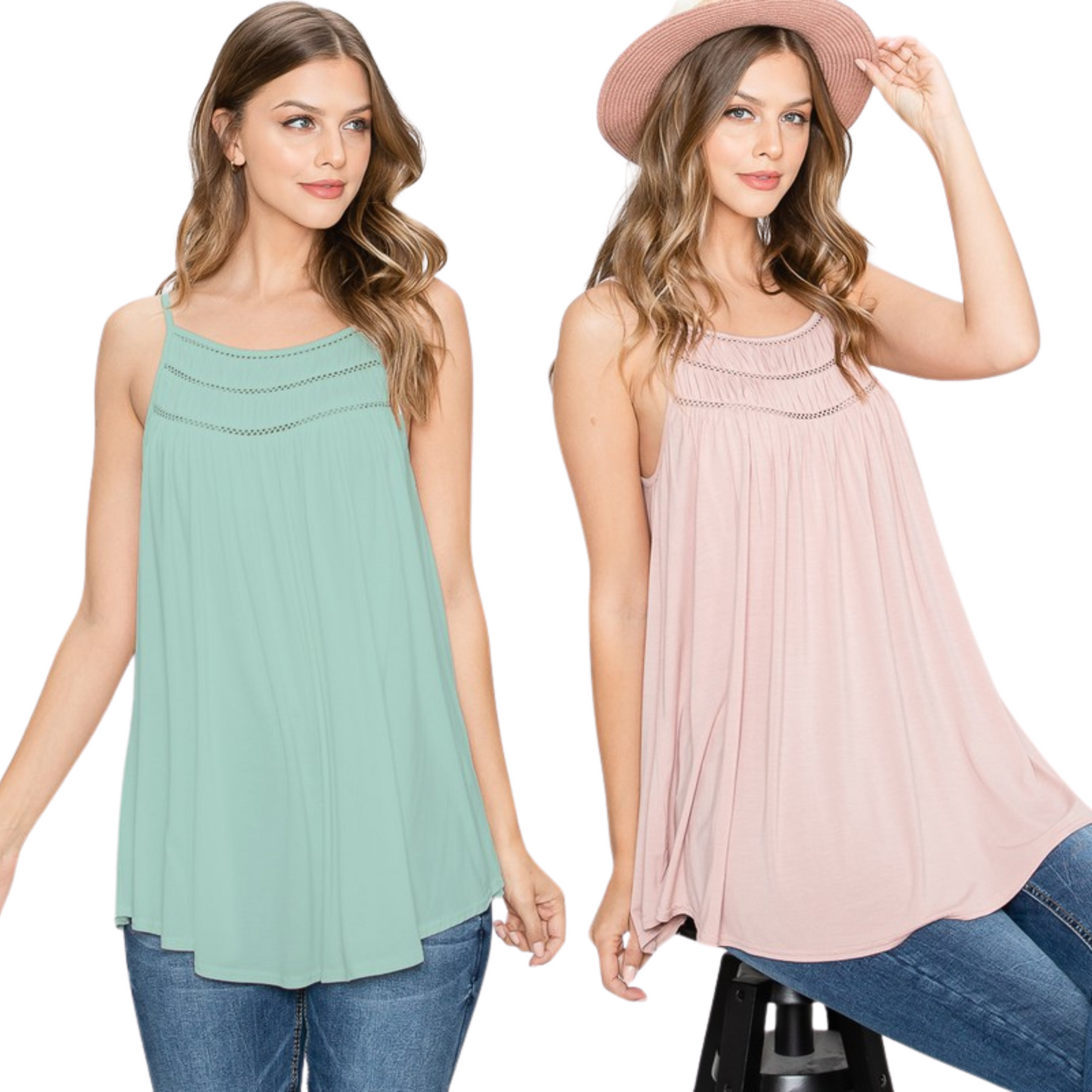 <p>This Smocked Detail Knit Cami is designed with ladder trim for a stylish look. The breathable material ensures comfort all day, available in both pink and sage color. Ideal for both formal and casual occasions.</p> <p>&nbsp;</p>