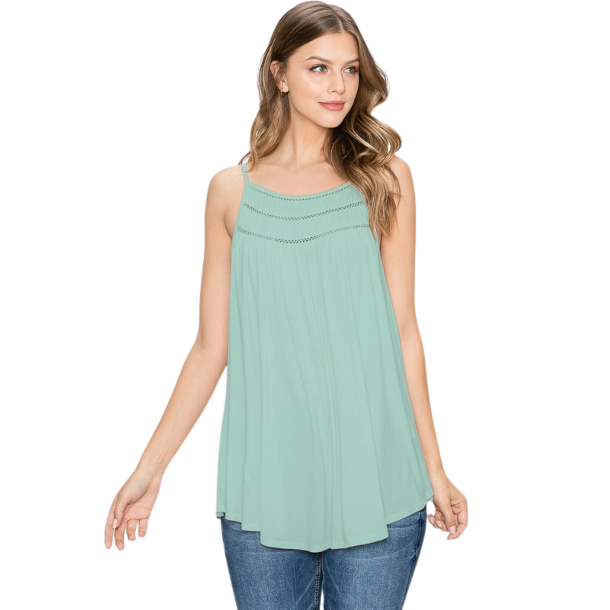<p>This Smocked Detail Knit Cami is designed with ladder trim for a stylish look. The breathable material ensures comfort all day, available in both pink and sage color. Ideal for both formal and casual occasions.</p> <p>&nbsp;</p>