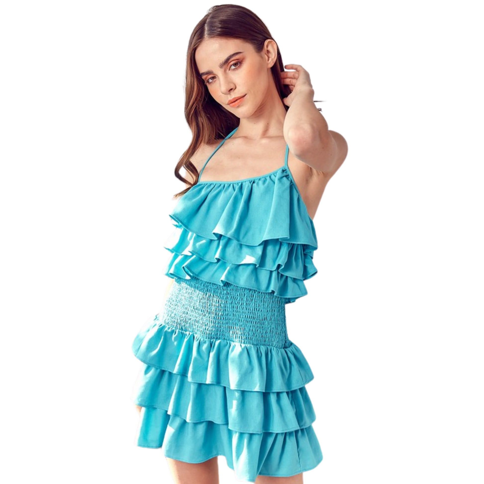 This Smocked Waist Ruffle Romper offers a combination of graceful style and effortless comfort. Featuring a smocked waist and a tiered ruffle design, the romper is available in aqua and pink colors, and features a flattering halter top. Perfect for any summer occasion!