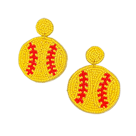 These Softball Drop Earrings are the perfect way to add a sporty touch to any outfit. Featuring a softball shape with yellow color and red stitching, these unique earrings are both eye-catching and fun. The beaded dangle design ensures lasting comfort.