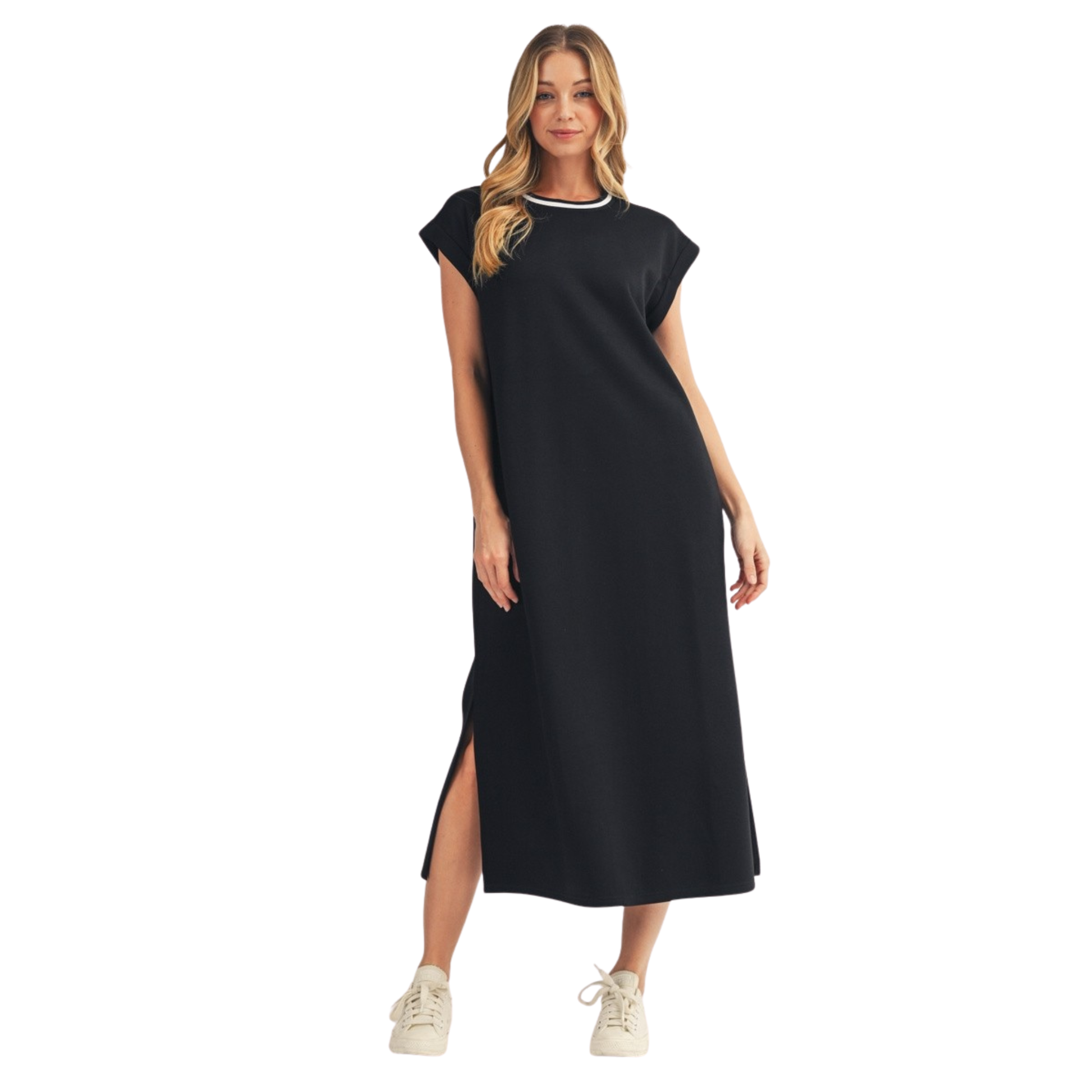 Elevate your everyday style with this Jodifl midi dress, featuring a sleek black design perfect for casual occasions. The flattering side slit adds movement and dimension, while the short sleeves offer comfortable, versatile wear. This solid piece transitions effortlessly from day to night, making it an essential addition to any wardrobe. Pair it with sneakers for a relaxed look or dress it up with heels for evening outings.