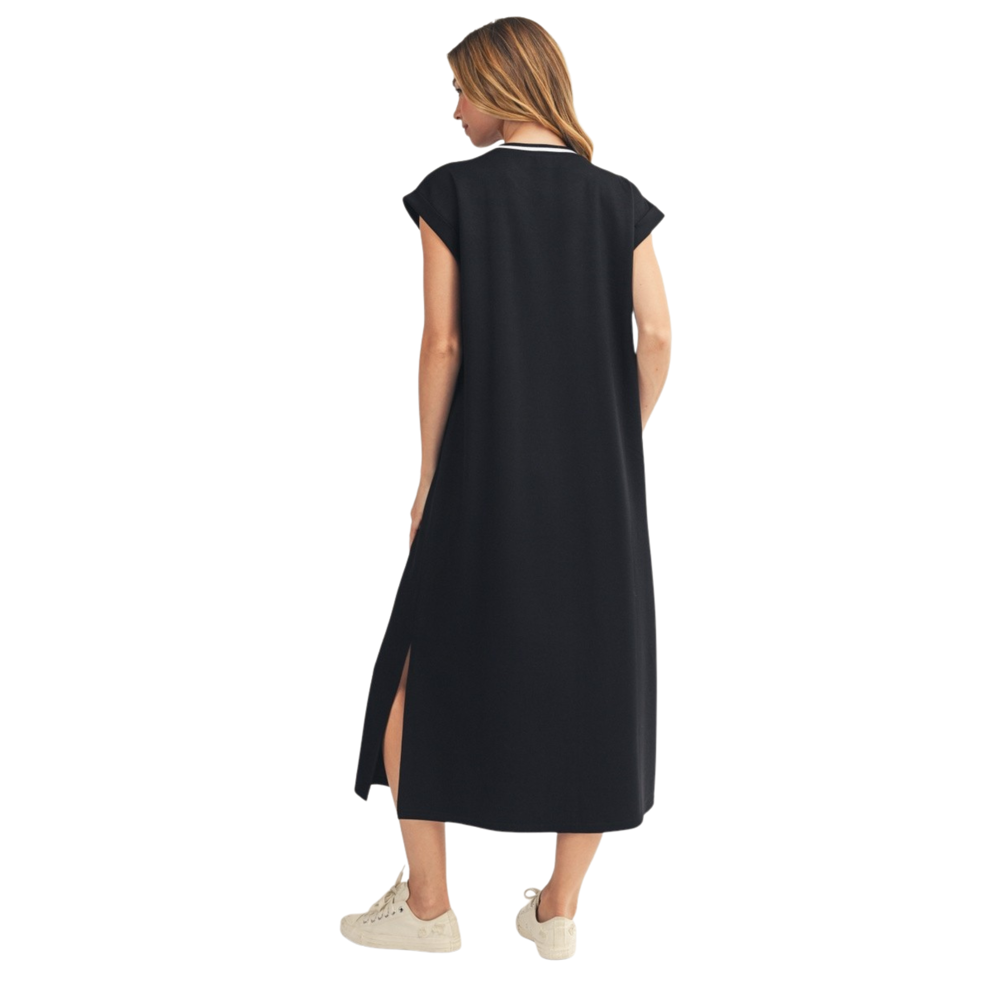 Elevate your everyday style with this Jodifl midi dress, featuring a sleek black design perfect for casual occasions. The flattering side slit adds movement and dimension, while the short sleeves offer comfortable, versatile wear. This solid piece transitions effortlessly from day to night, making it an essential addition to any wardrobe. Pair it with sneakers for a relaxed look or dress it up with heels for evening outings.