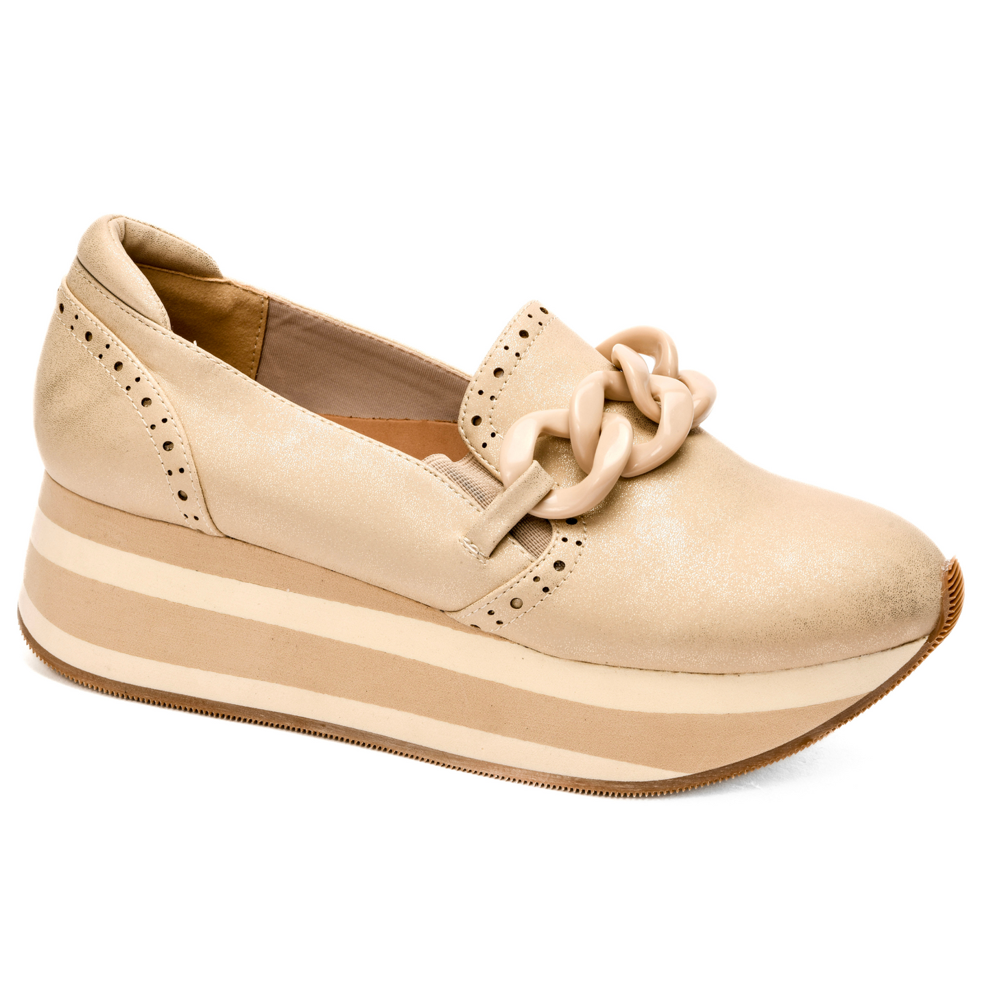 The Corkys brand gold closed-toe sneaker with a stylish chain accent elevates any outfit. Designed with comfort and fashion in mind, this sneaker is perfect for both casual and dressy occasions. Embrace the trendy look with the added touch of luxury.