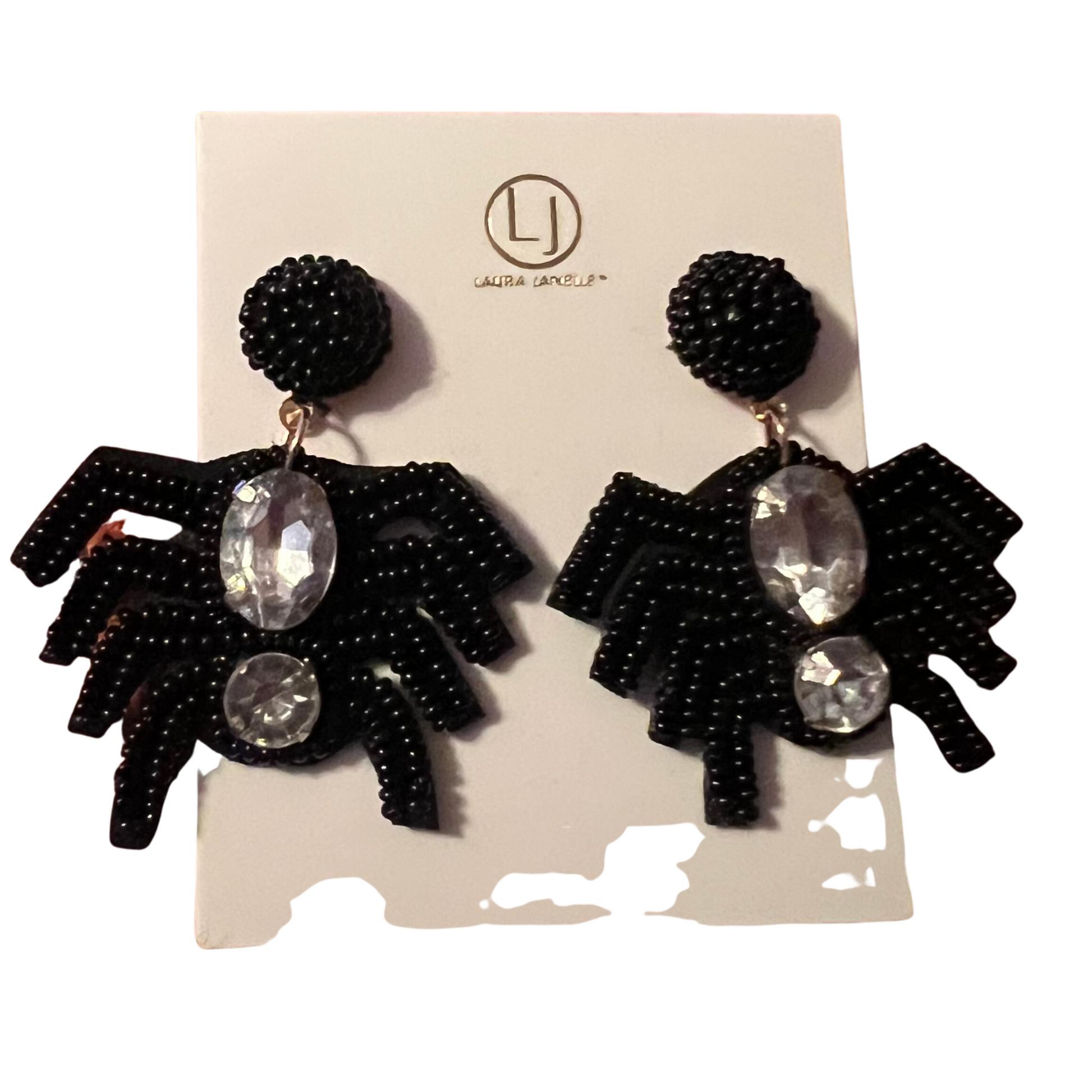 Black Spider dangle Halloween earrings with gemstones