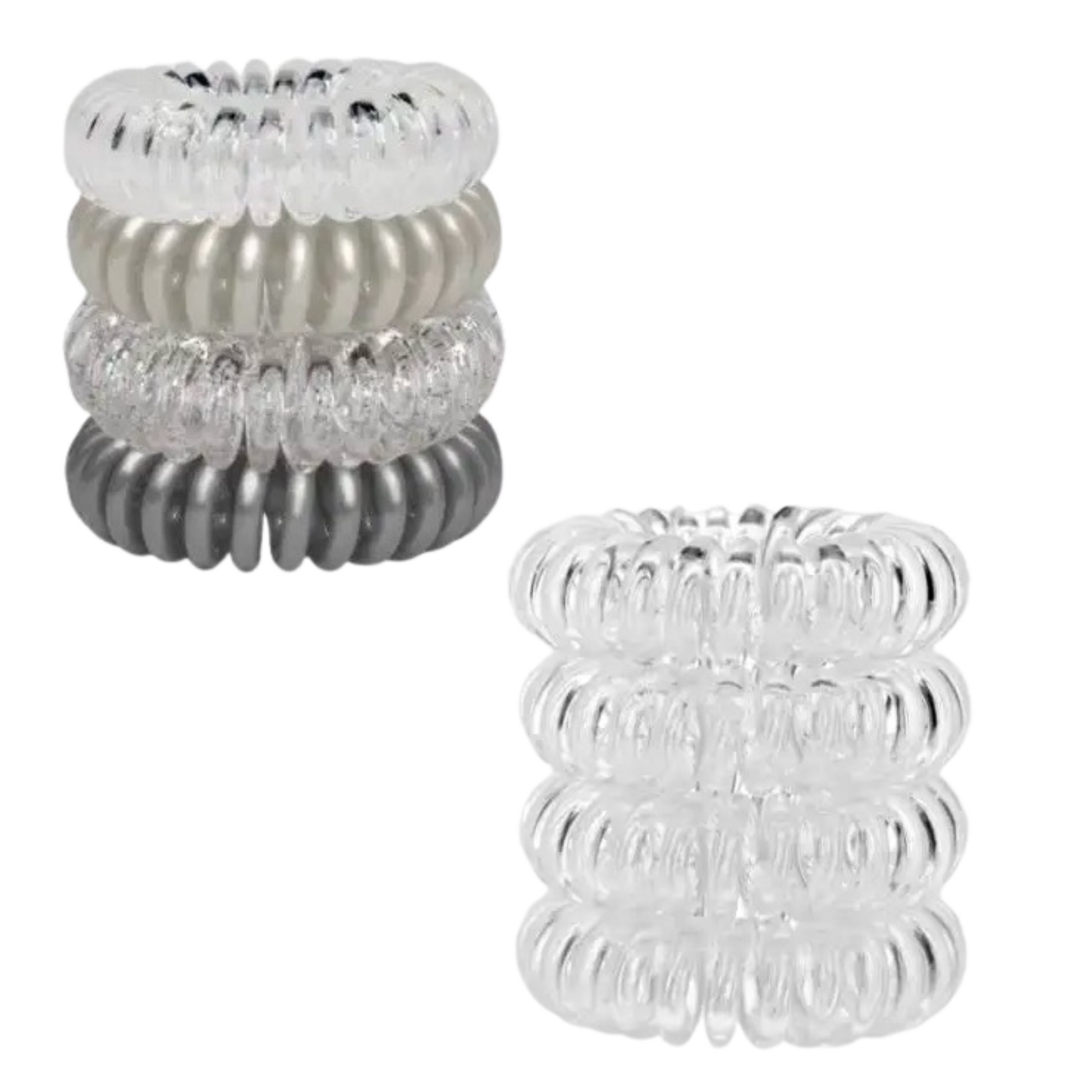 Elevate your hairstyles with this four-pack of Spiral Hair Ties from Kitsch! Choose from clear or charcoal colors to coordinate with your outfits. These versatile hair ties are made to stay in place all day and won't leave a dent in your hair, making them perfect for any look.