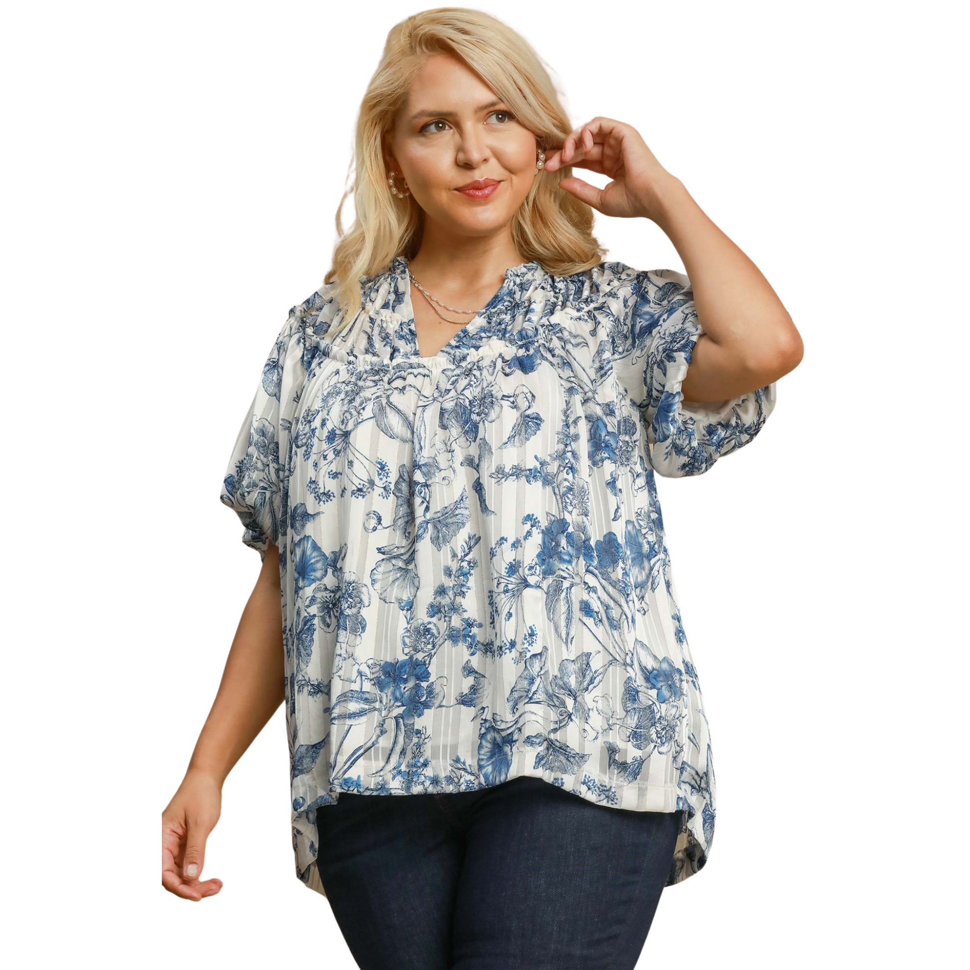 This Umgee brand Floral Split Neck Top features a beautiful blue floral print, perfect for adding a unique touch to your plus-size wardrobe. The short sleeves add a touch of comfort, making it an ideal choice for any occasion. Elevate your style with this stunning top.