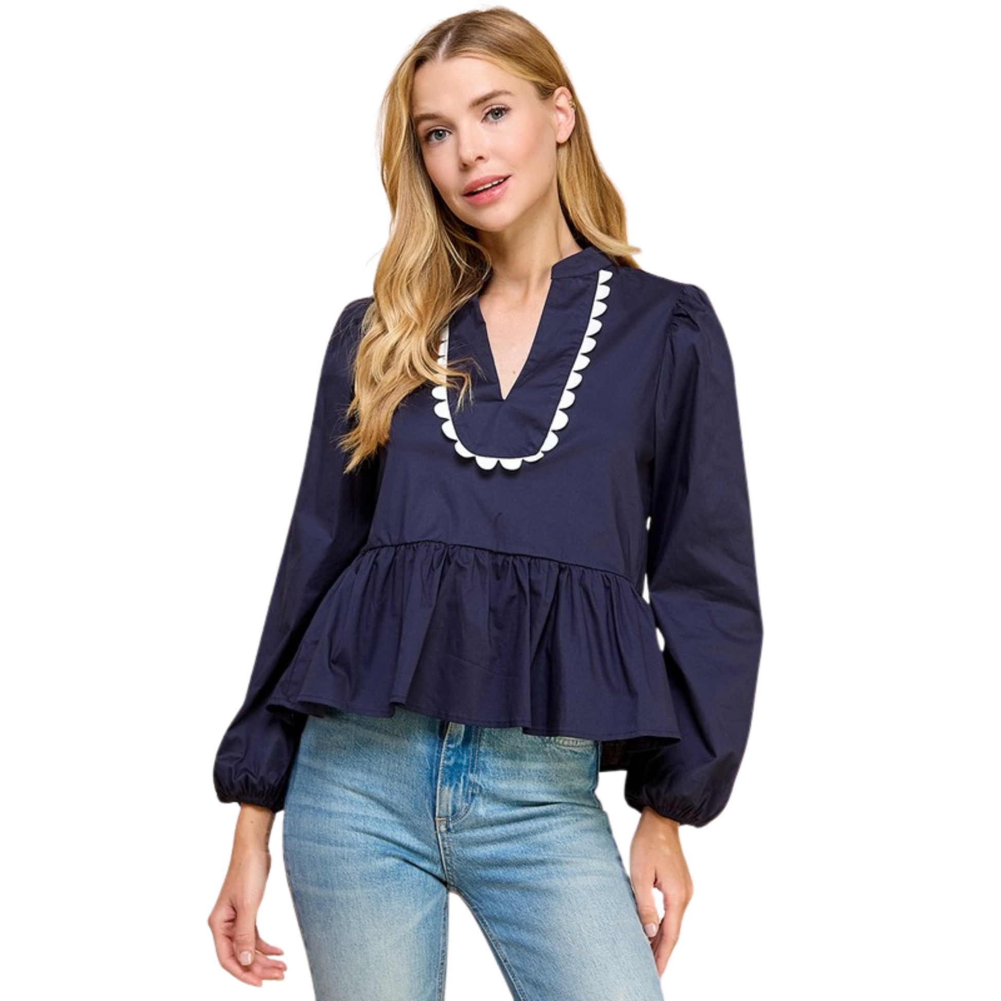 Introducing the Split V-Neck Top by T.C.E.C.! This elegant top features a split V-neckline with a scalloped detail, long puff sleeves, and a ruffle hem. Crafted with high-quality fabric, this top offers a flattering and stylish silhouette, perfect for any occasion. Upgrade your wardrobe with this timeless navy top.