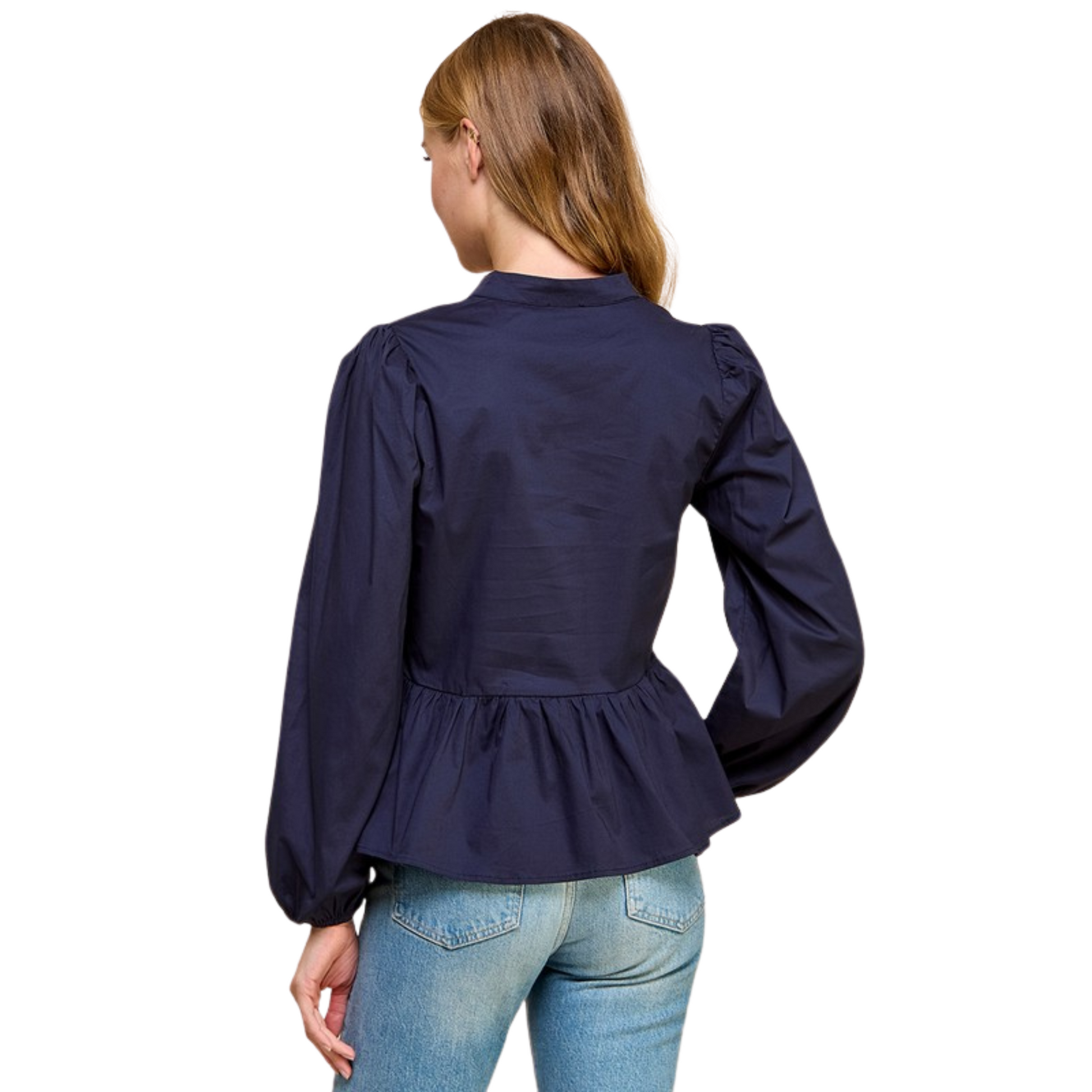 Introducing the Split V-Neck Top by T.C.E.C.! This elegant top features a split V-neckline with a scalloped detail, long puff sleeves, and a ruffle hem. Crafted with high-quality fabric, this top offers a flattering and stylish silhouette, perfect for any occasion. Upgrade your wardrobe with this timeless navy top.