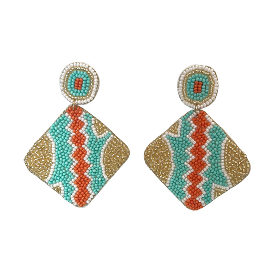 These Square Drop Beaded Earrings will add a touch of tribal flair to any look. Crafted from teal and gold hues or&nbsp;a rainbow design, these dangle earrings bring a unique style to any ensemble. Show off your unique taste in fashion with the perfect statement earrings.