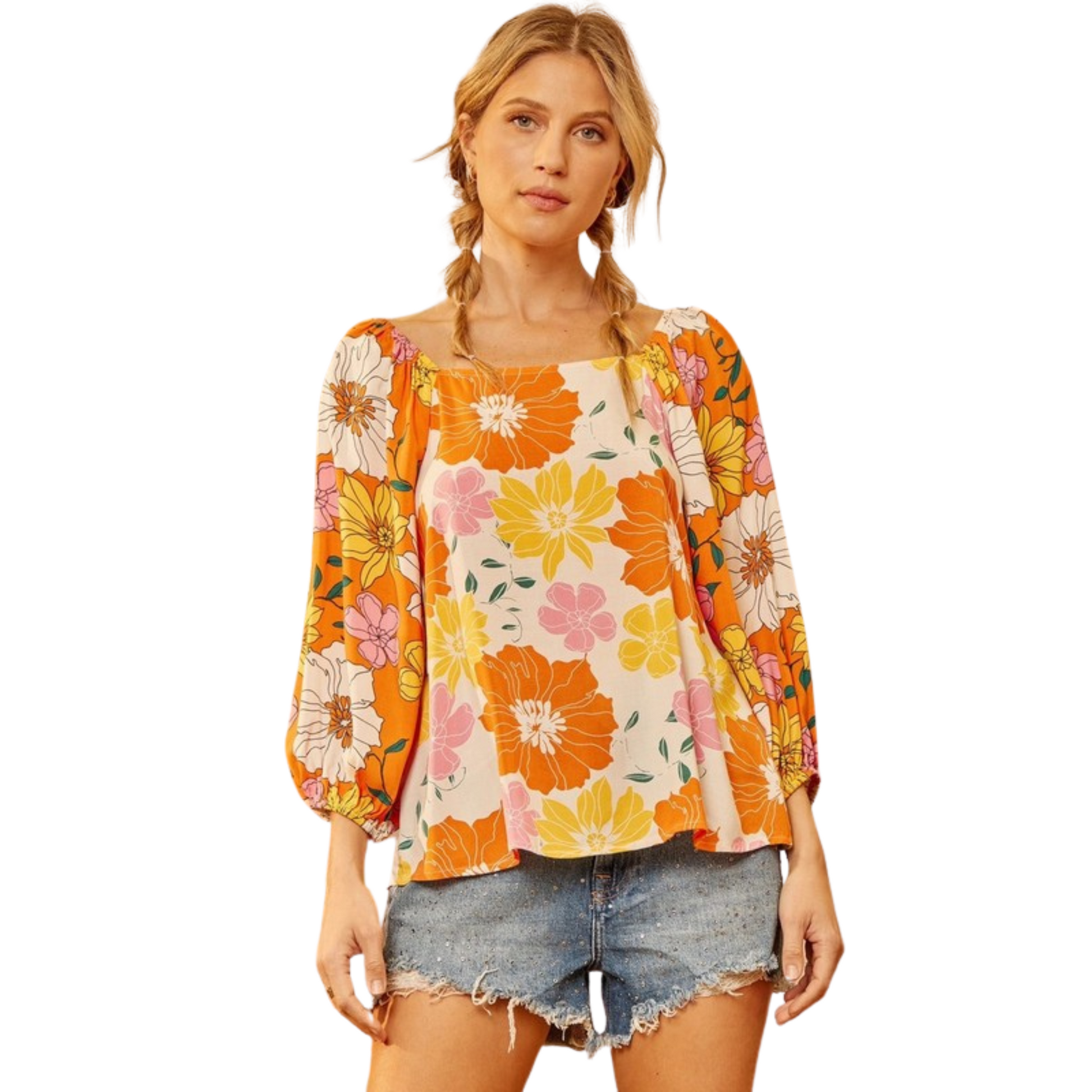 This square-neck top combines retro style with a bright and cheerful floral pattern. The lightweight fabric is perfect for warm-weather days, and the 3/4 length sleeves let you stay cool without sacrificing style. With shades of yellow and orange, it's sure to make a statement.