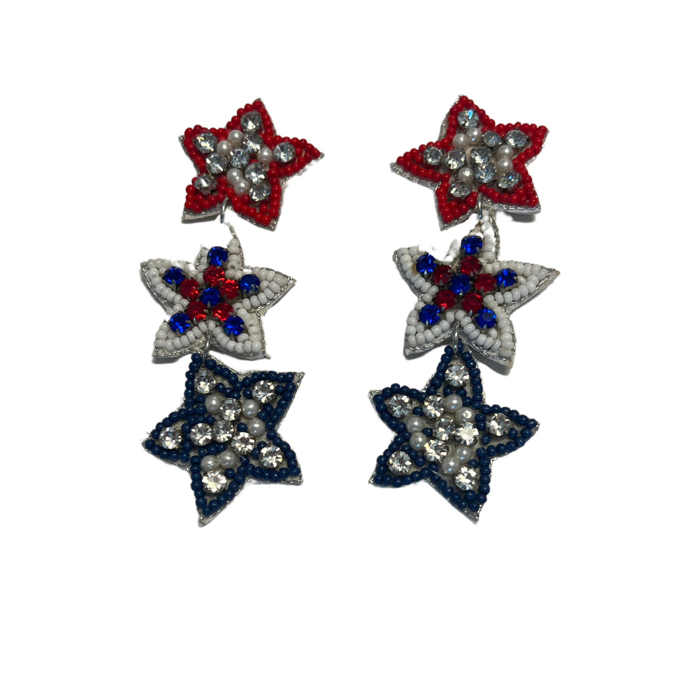 Red white and blue star dangle earrings with rhinestone accents