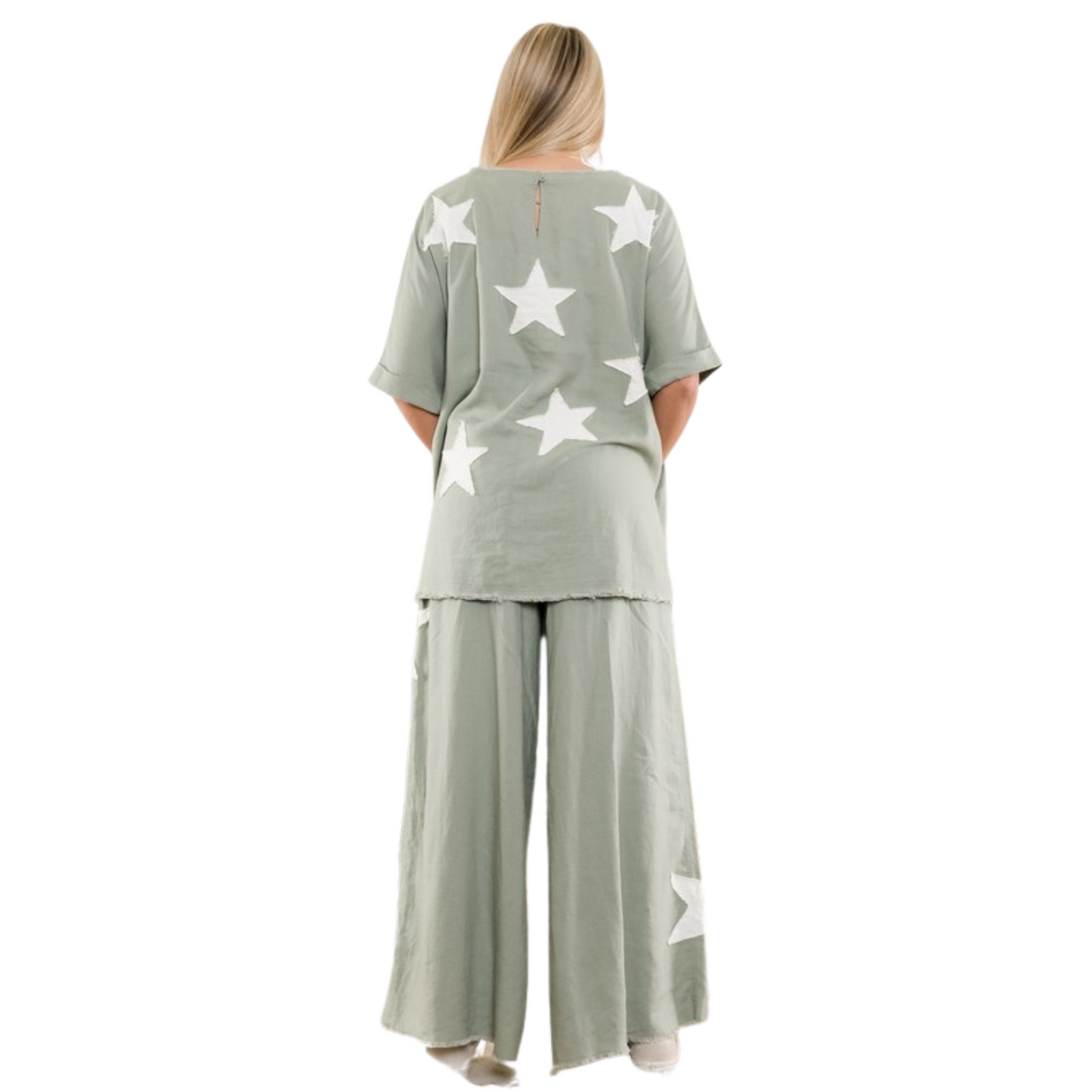 This linen blend set features a classic combination of olive and white, with star patch details for a touch of whimsy. The lightweight fabric provides a comfortable and breathable fit, perfect for any season. Elevate your little one's wardrobe with this stylish and versatile ensemble.