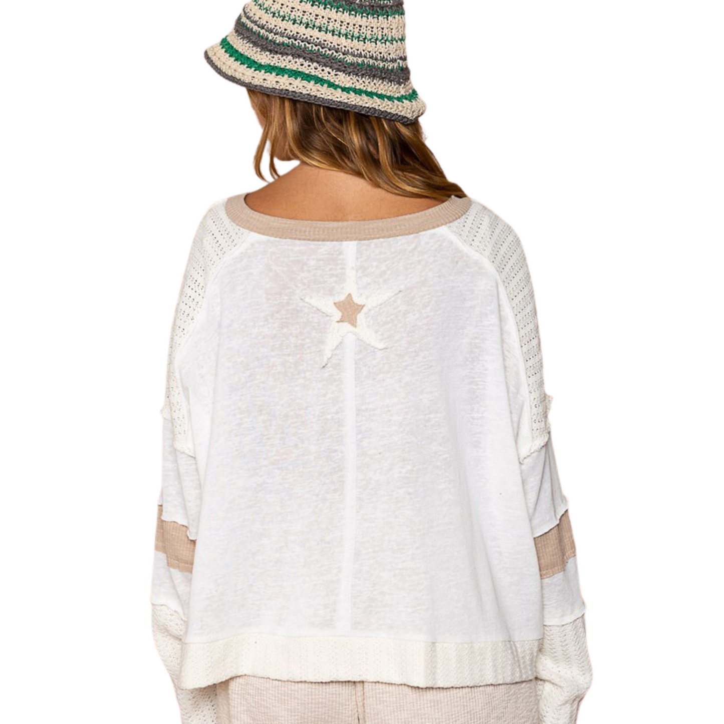 This Star Patch Cropped Knit Top is perfect for any casual occasion. Expertly designed with a round-neckline oversized fit and a cropped body length with long sleeves, this knit top is made from 100% cotton for comfort. The star shape patch-work adds a stylish touch, while the ivory color makes for a timeless look.