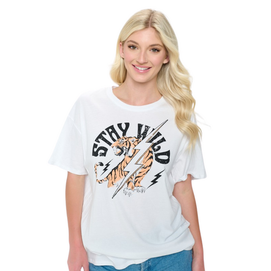 This Stay Wild Graphic Tee is perfect for the modern, daring woman. The lightweight material and classic white color are accentuated by a tiger and lightning bolt graphic and "Stay Wild" text. A statement piece for any wardrobe.