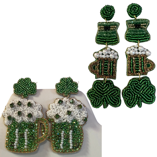 These stunning St. Patrick's Day earrings come in two distinct styles. Both feature gold and green beading, as well as beer mugs and lucky four-leaf clovers. Add a touch of luck to your outfit and celebrate the green with these beautiful accessories.