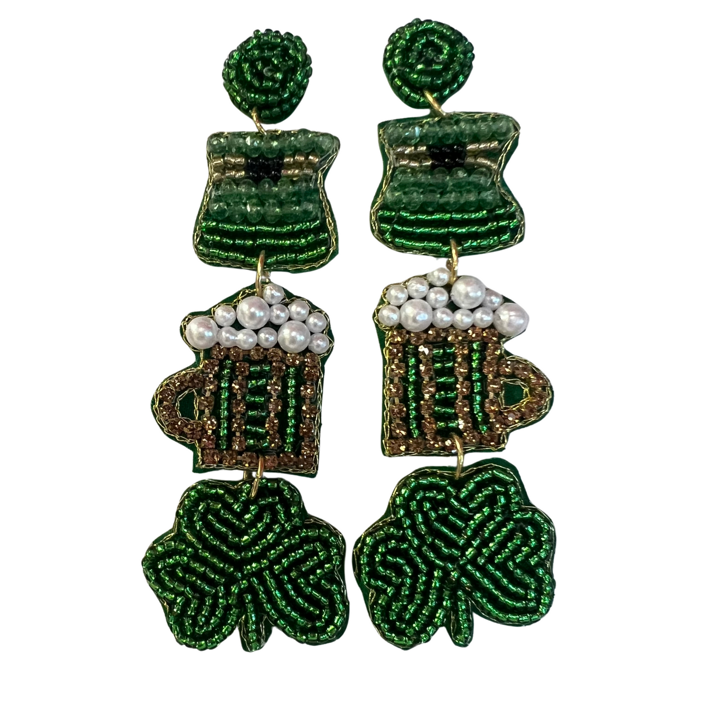 These stunning St. Patrick's Day earrings come in two distinct styles. Both feature gold and green beading, as well as beer mugs and lucky four-leaf clovers. Add a touch of luck to your outfit and celebrate the green with these beautiful accessories.