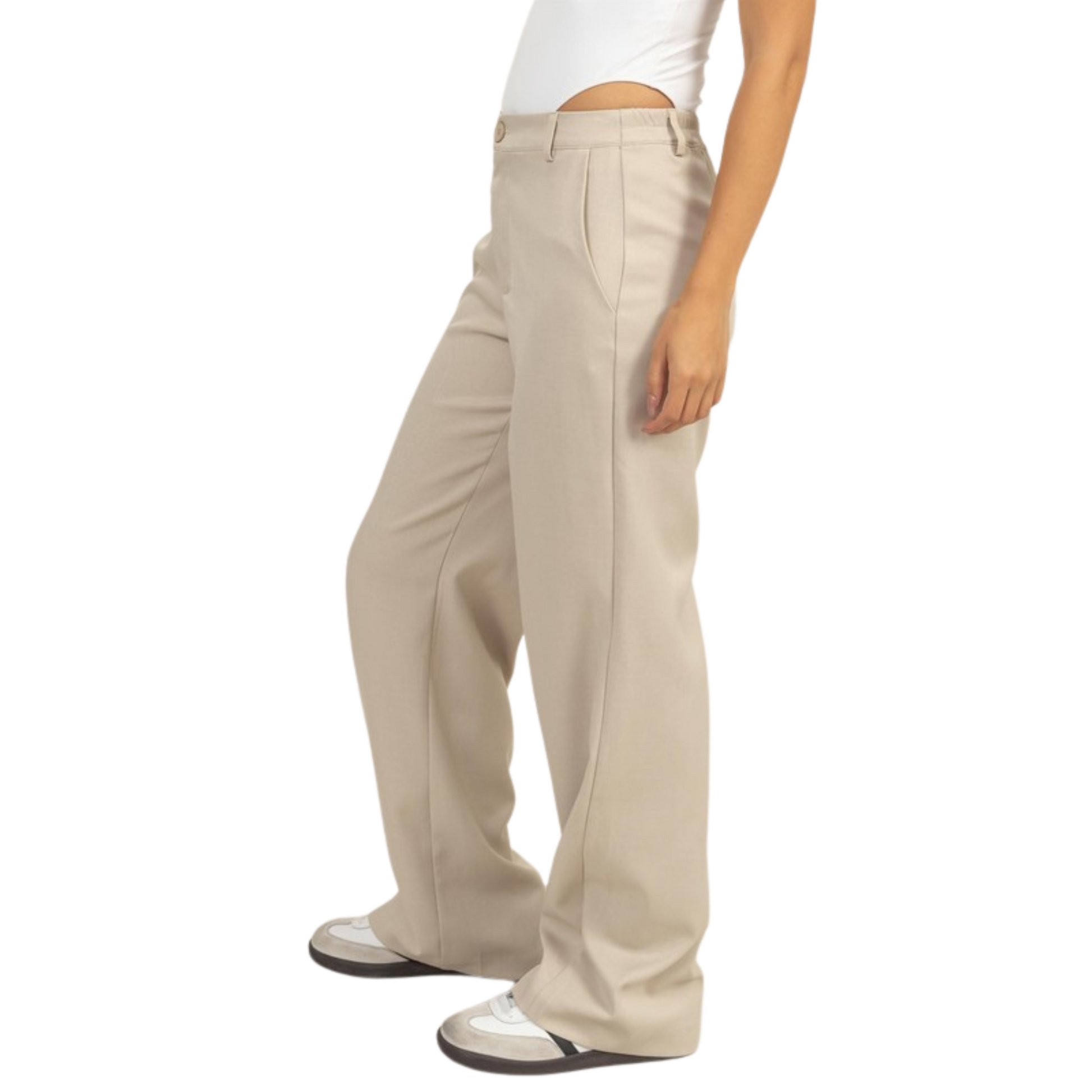 A high waist amp the sleek style of this pair that has a top button closure and belt loops for a classic look. Straight legs offer on-trend style, complete with slant pockets.&nbsp;