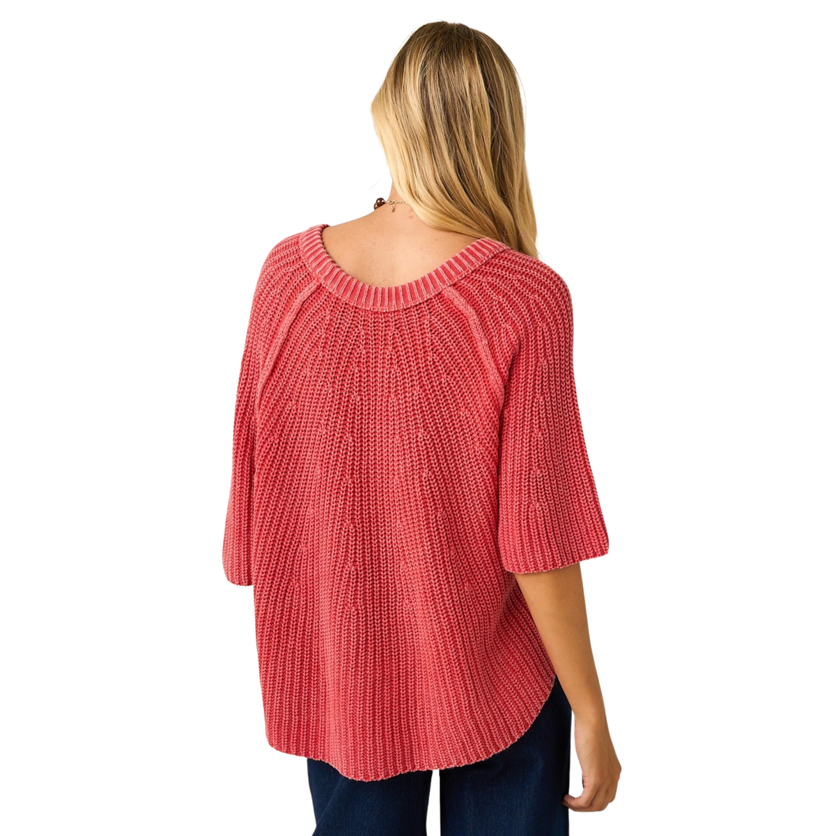 Elevate your casual wardrobe with this charming Ribbed Knit Sweater Top by Mittoshop. Crafted in a soft strawberry hue, this short-sleeve piece features a classic ribbed knit texture for timeless appeal. The mineral wash finish gives it a relaxed, vintage-inspired look that pairs effortlessly with jeans or layered pieces. Perfect for transitional seasons, this versatile top offers comfort and style in one cozy package.