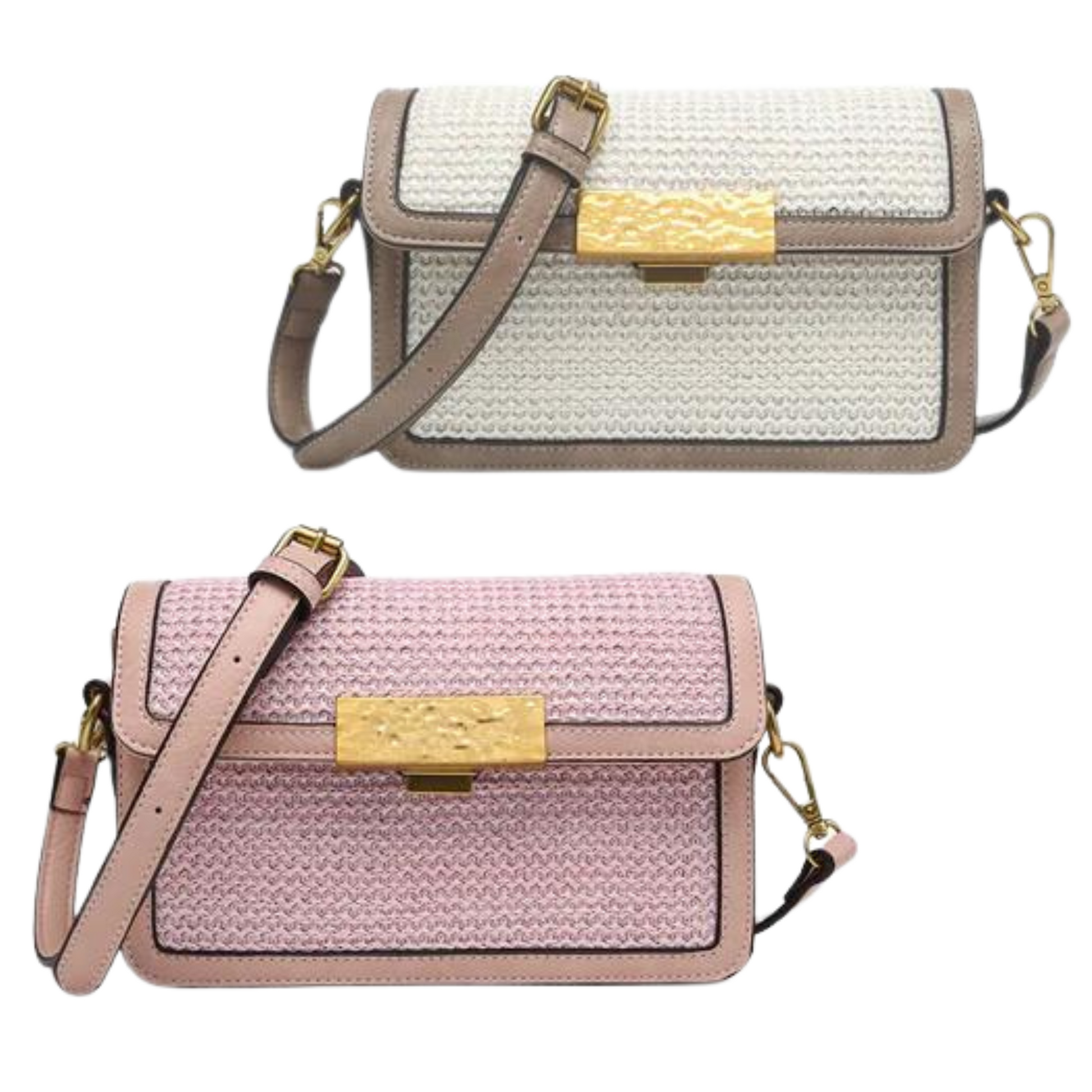 This Straw Crossbody with Lock is the perfect everyday accessory. Its small size keeps your essentials close and secure, while still maintaining a sophisticated and fashionable appearance. The purse comes in pink and cream, allowing you to choose a color that fits your style.