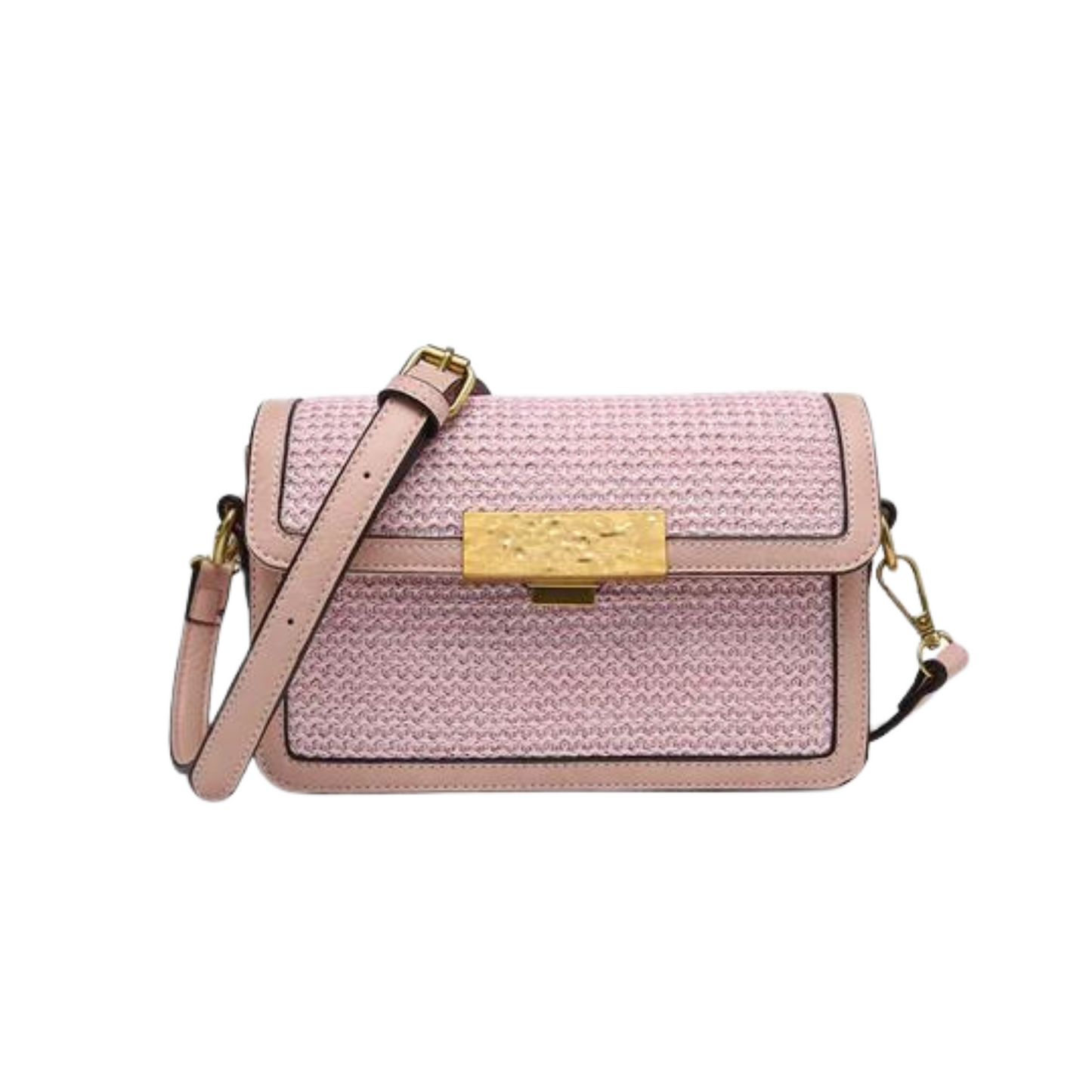 This Straw Crossbody with Lock is the perfect everyday accessory. Its small size keeps your essentials close and secure, while still maintaining a sophisticated and fashionable appearance. The purse comes in pink and cream, allowing you to choose a color that fits your style.