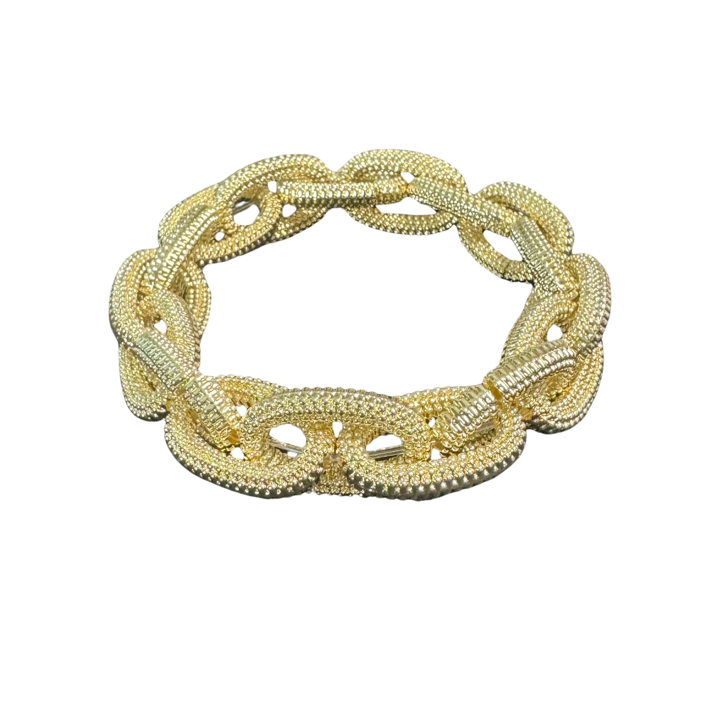 This bracelet features a sleek, gold chain link design that adds a touch of elegance to any outfit. Made with stretchy materials, it provides both style and comfort. Perfect for any occasion, this versatile bracelet is a must-have accessory for any fashion-forward individual.