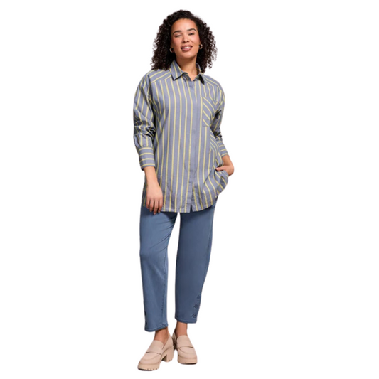 Elevate your wardrobe with this expertly crafted Striped Button Top from Tribal. Featuring a distinctive blue base accented by a green stripe, this button-up shirt combines classic style with a contemporary edge. The front pocket adds practical detail without compromising its streamlined look, making it a versatile piece for both casual and polished occasions. Designed with quality and sophistication, it effortlessly enhances your everyday attire.